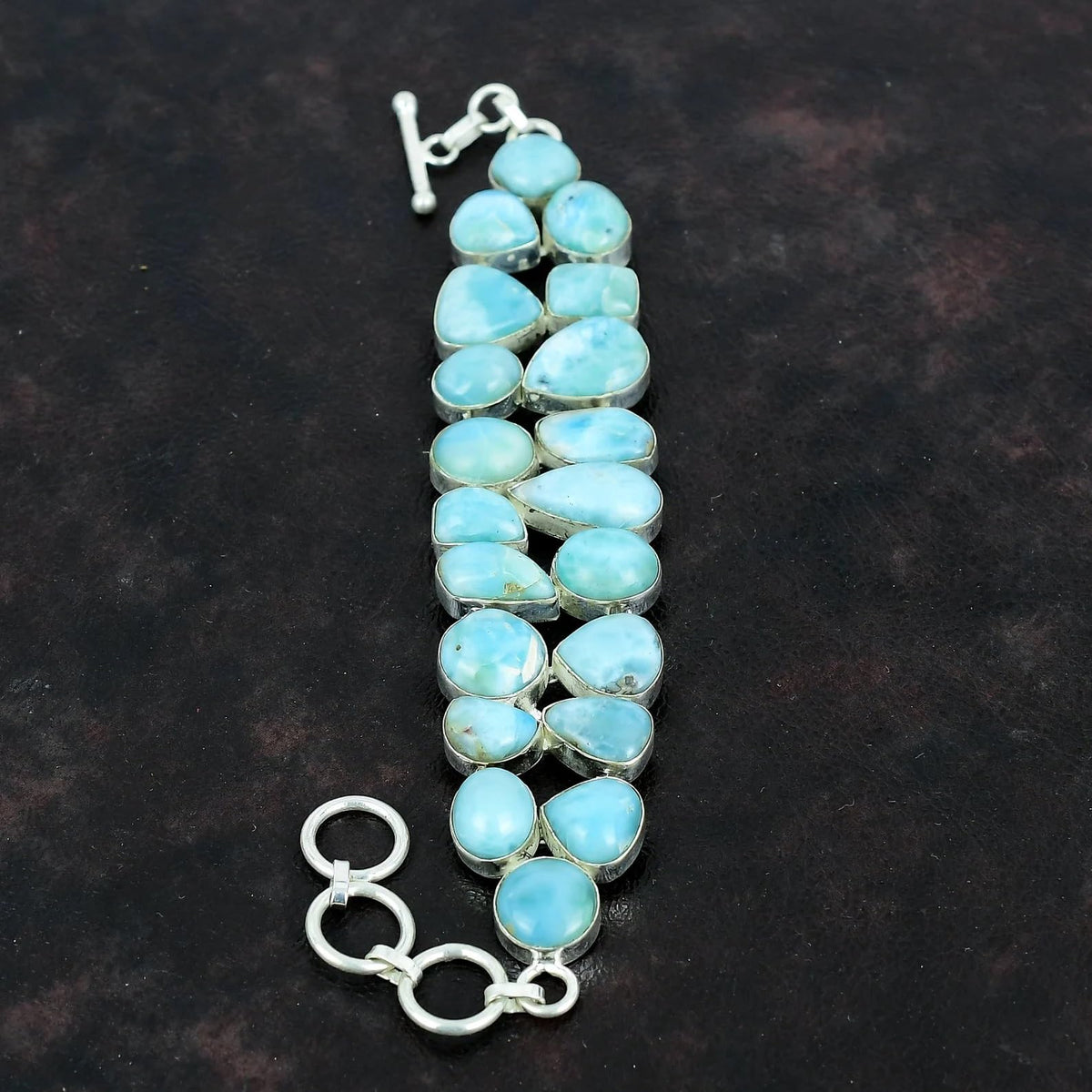 Solid 925 Sterling Silver Larimar Gemstone Bracelet – Natural Blue Larimar Stone, Women’s Stretch Silver Bracelet