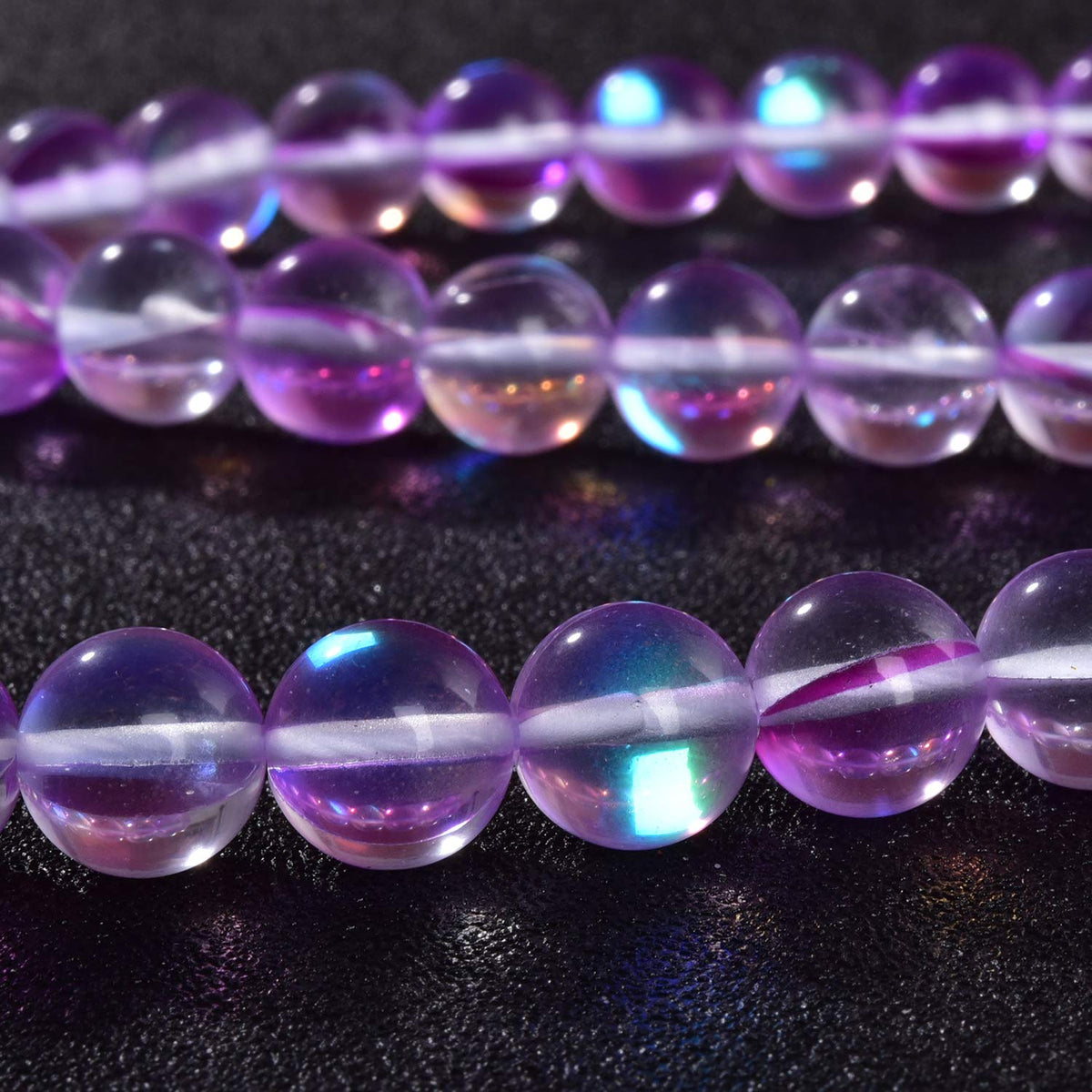 Asingeloo 60PCS 6mm Purple Angel Aura Round Gemstone Polished Mermaid Aura Moonstone Smooth Stone Loose Beads Crystal Quartz for DIY Jewelry Making 1 Strand 15'