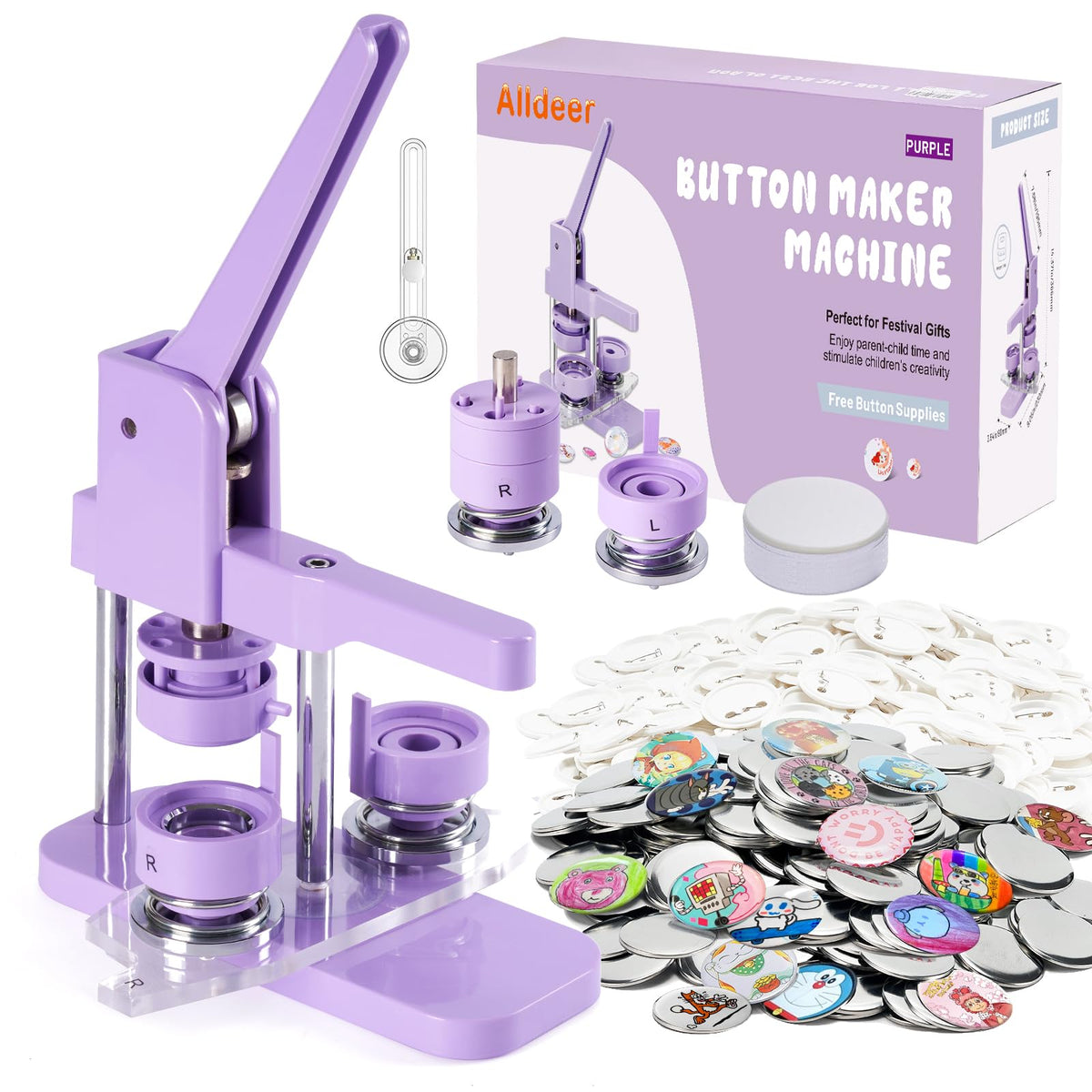 Alldeer Button-Maker-Machine Kit 32mm /1.25 inch, Button Press Machine 32mm, Easy-to-use Rotate Models, Pin Maker Kit with 100 Sets Plastic Supplies, DIY Small Badges, Starting Creative Project