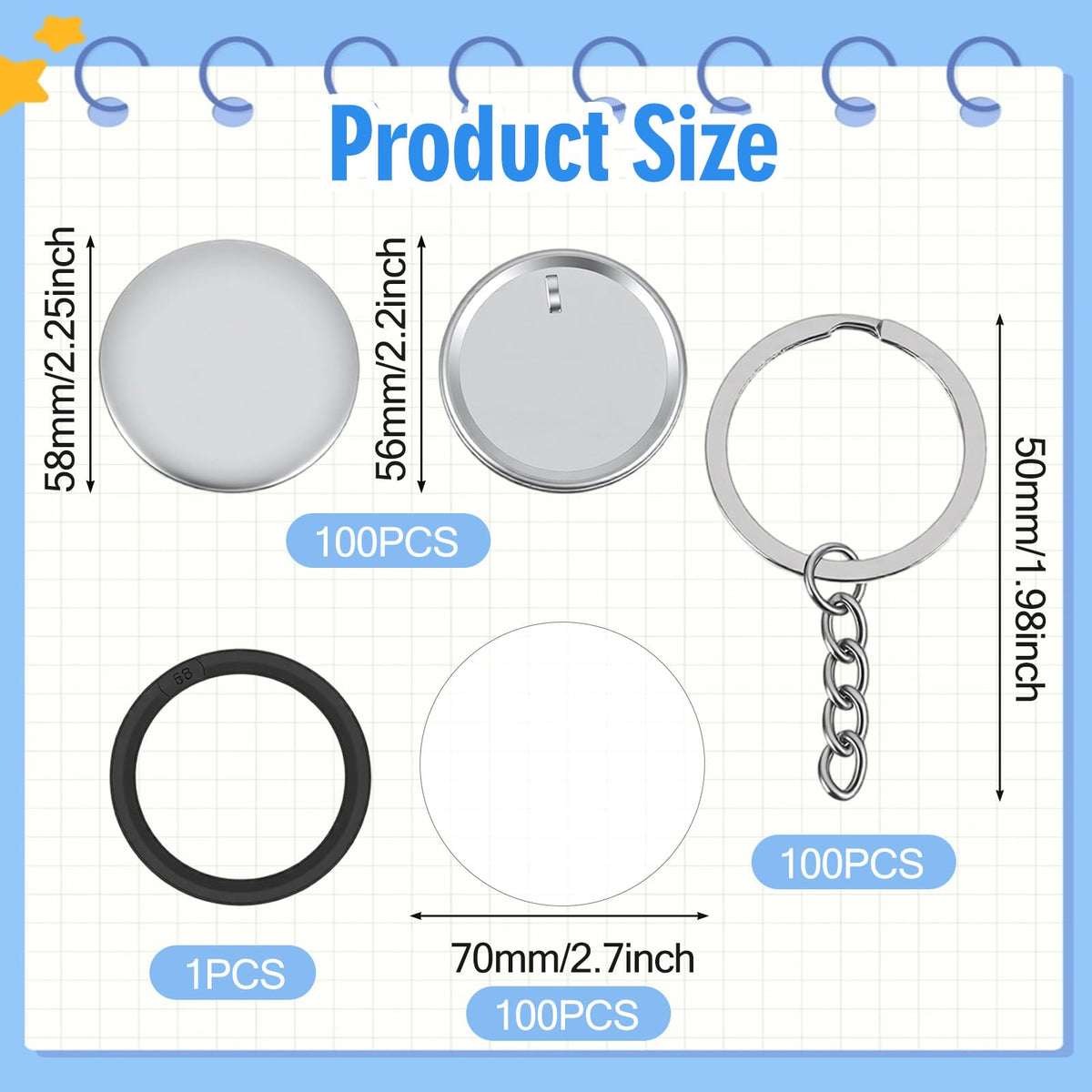 Afcabakila 100 Sets Button Maker Keychains Supplies 58mm/ 2.25 Inch Metal Badge Kit with 1.98 Inch Keychain Ring, Metal Shell, Plastic Film, Backing Parts for Button Maker Machine DIY Craft Gifts