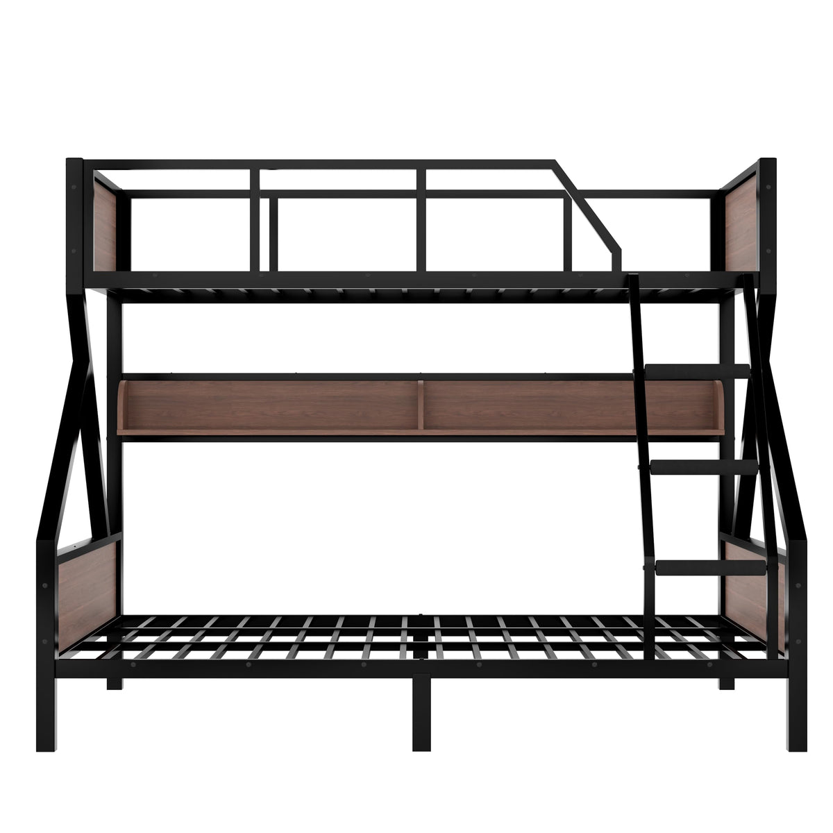 Bellemave Twin XL Over Queen Size Bunk Bed with Storage Shelves and LED Lights,Heavy Duty Adult Bunk Beds with Angled Ladder,Metal Queen Bunk Bed,Black