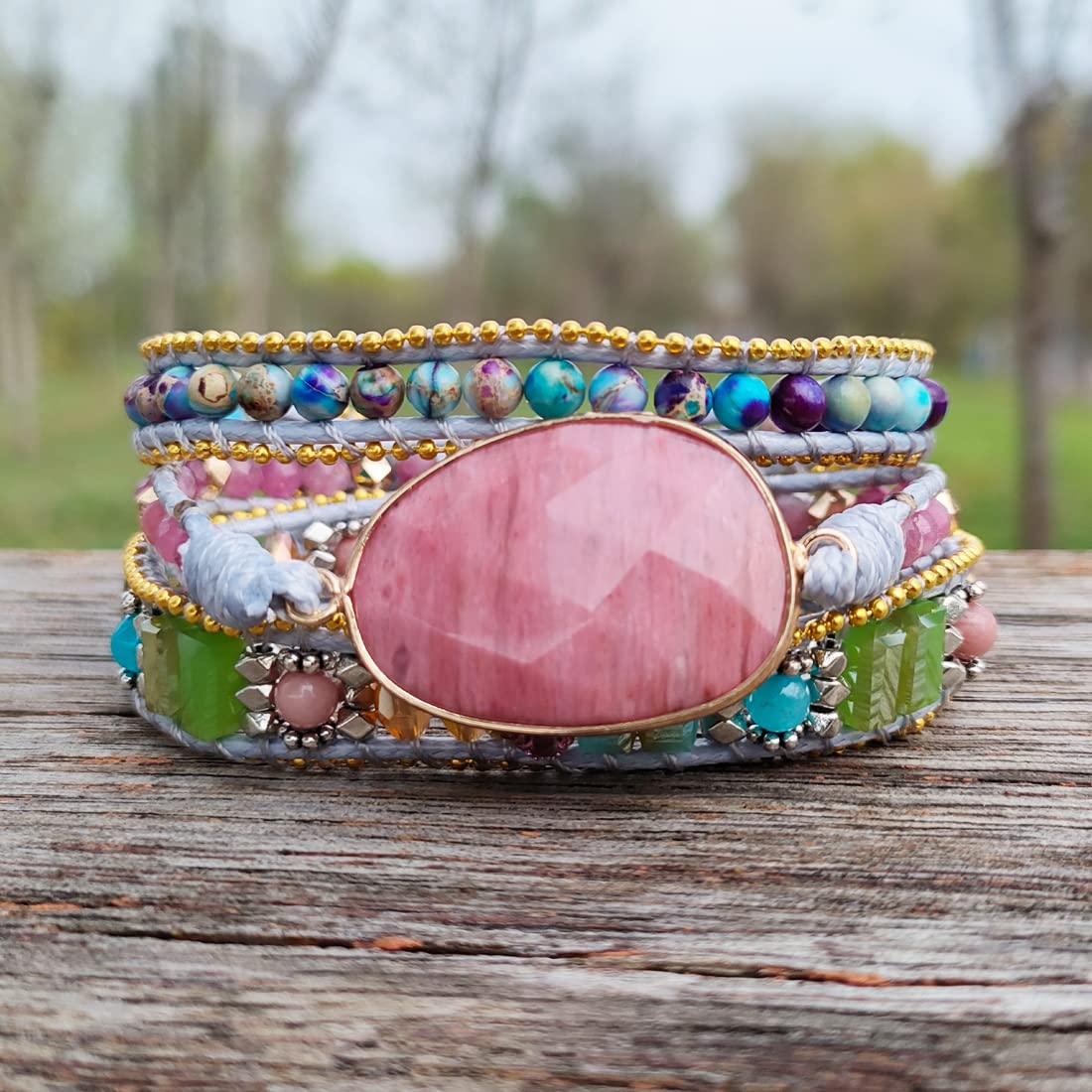 YGLINE Boho Wrap Bracelets Natural Rhodochrosite Crystal Stone Variety Beads Strand Bracelet