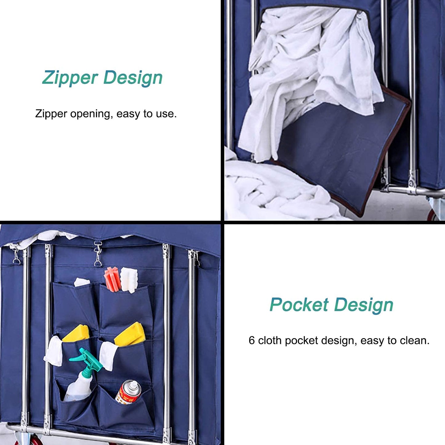 WANGKENSU Commercial Heavy Duty Large Laundry Hamper Sorter Cart with 6 Cloth Bag & 5 Inch Wheels, Stainless Steel & Oxford Cloth, Max Load 150kg (Blue) (Beige)
