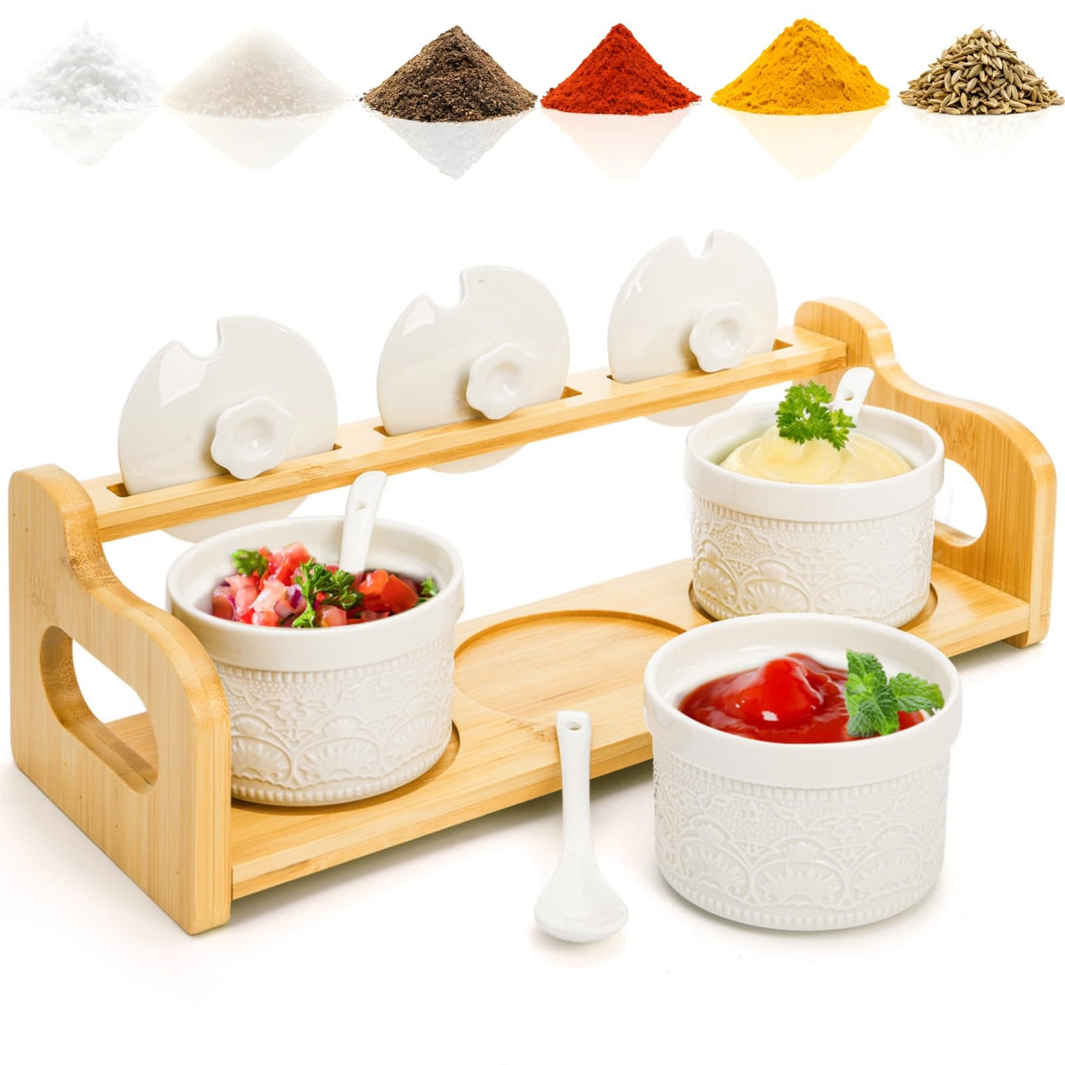Acshio 10 Pack Sauce Serving Dish, 5 Oz Ceramic Chip Dip Sauce Bowls with Spoons Lids for Party, 3 Condiment Seasoning Jars with Bamboo Tray for Snacks, Appetizers, Sauces