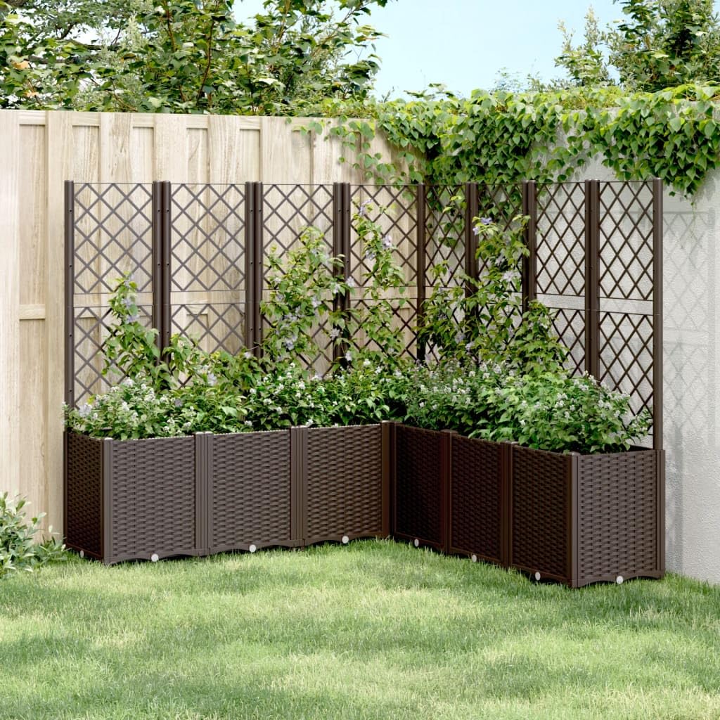 Molumvel Modular Garden Planter with Integrated Trellis 63 x 63 x 55 Inches Large Raised Bed Box for Climbing Plants Balcony Patio Terrace Brown Polypropylene