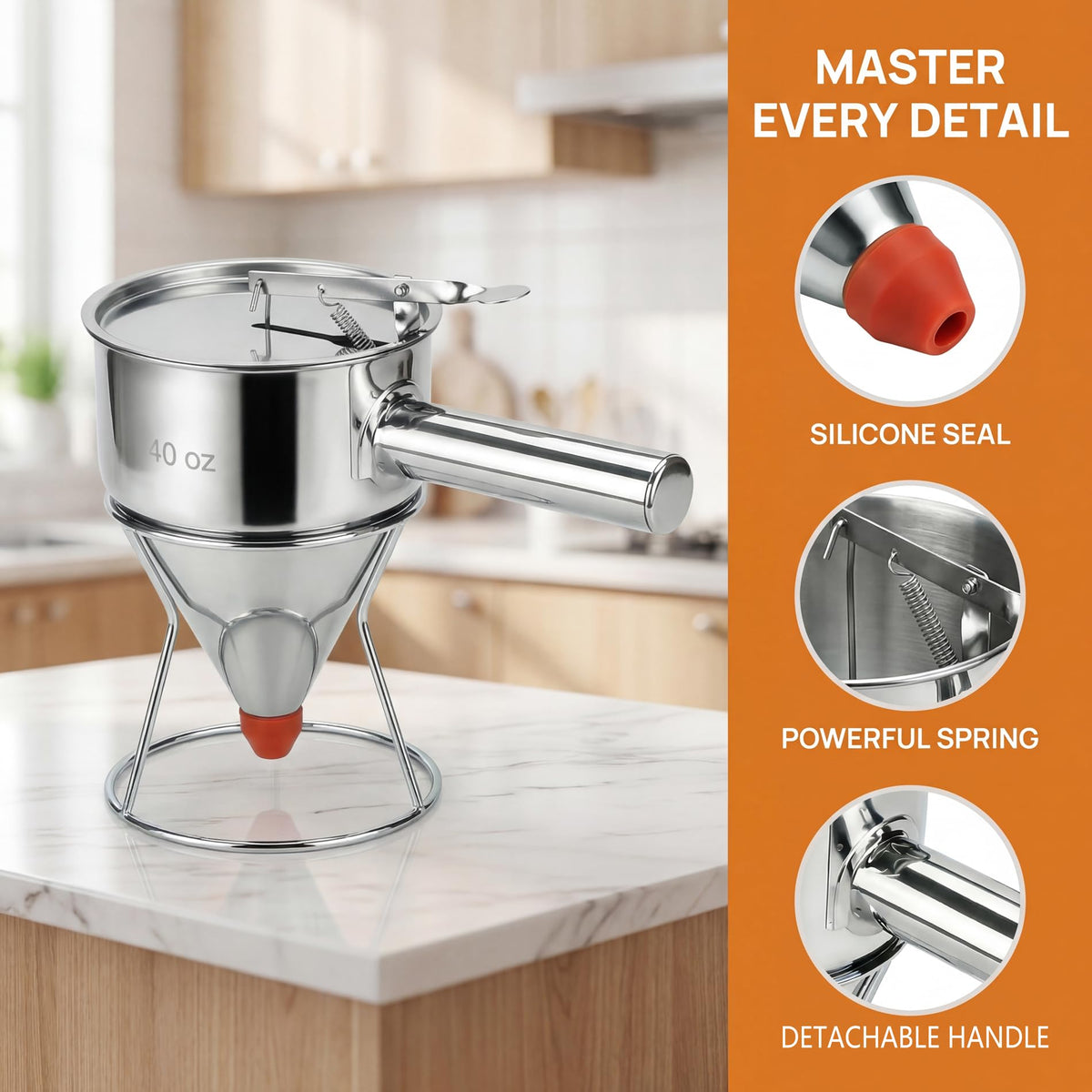 40oz 304 Stainless Steel Pancake Batter Dispenser With Dustproof Lid 4 Interchangeable Nozzles&Detachable Handle Perfect For Parent-Child Baking, Holiday Parties, Cupcakes Waffles。