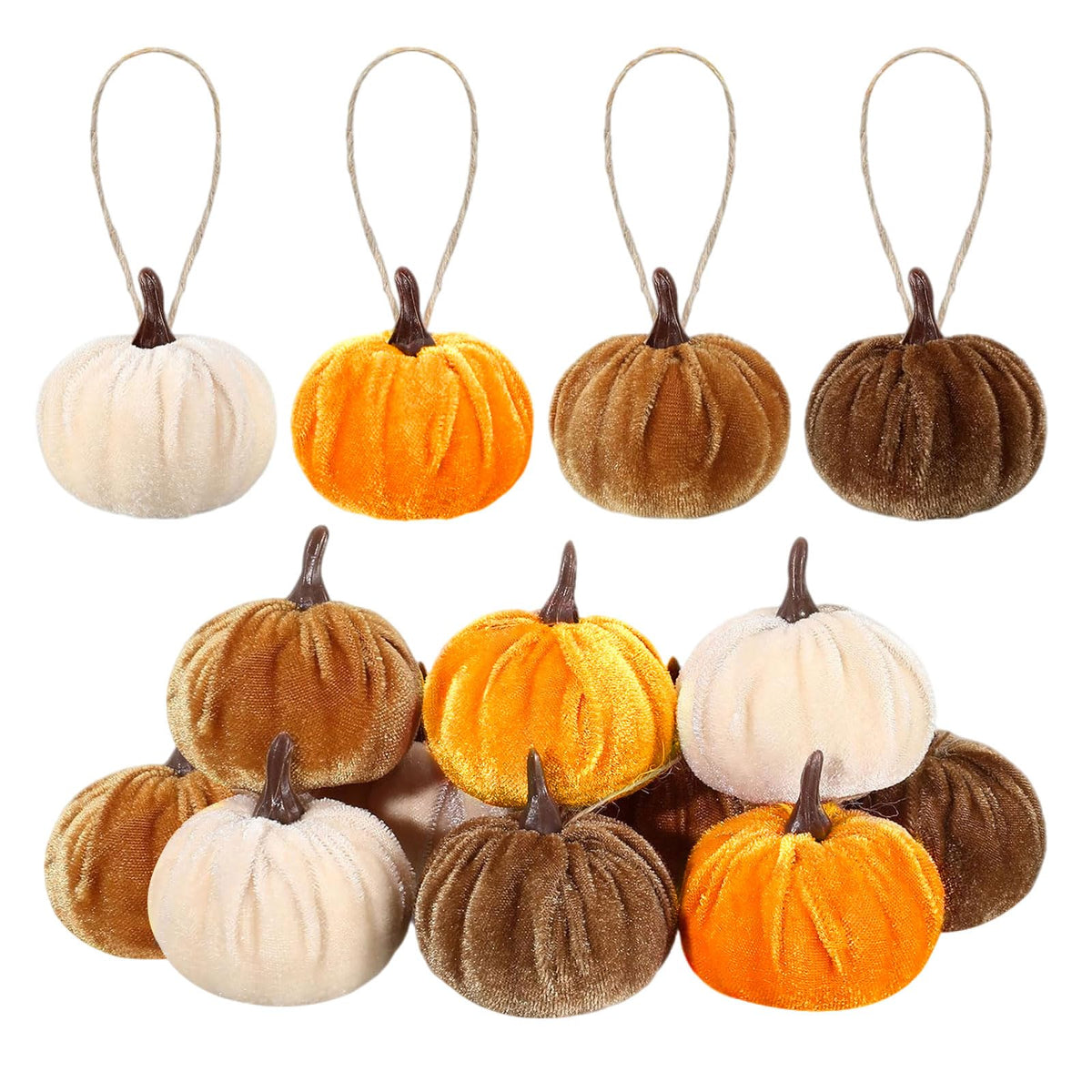 12 Pcs Velvet Pumpkins Fall Thanksgiving Pumpkins Hanging Ornaments Fall Tree Decorations Orange White Brown Velvet Wrapped Pumpkin Ball Decor with Hemp Rope for Thanksgiving Party Tree Farmhouse (A)