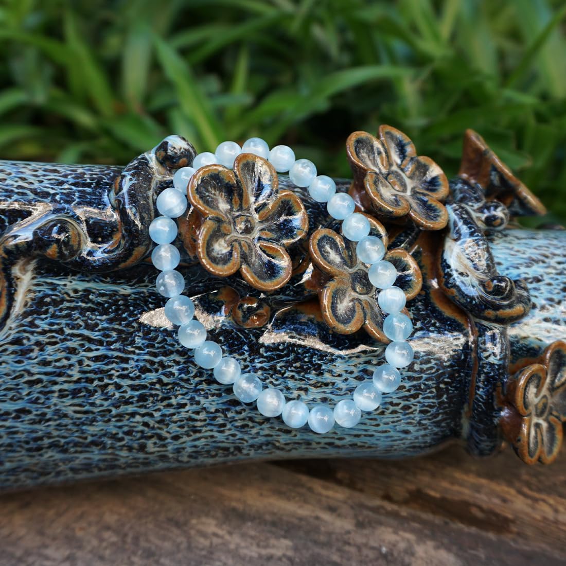 Natural Selenite Bracelet 6mm | Aqua Blue | Crown Chakra Crystal with Cat-eye Effect | Handmade Meditation Healing Bracelet for Women Men | Beading Tool Kit - Fits for 6-7 inch Wrist Size