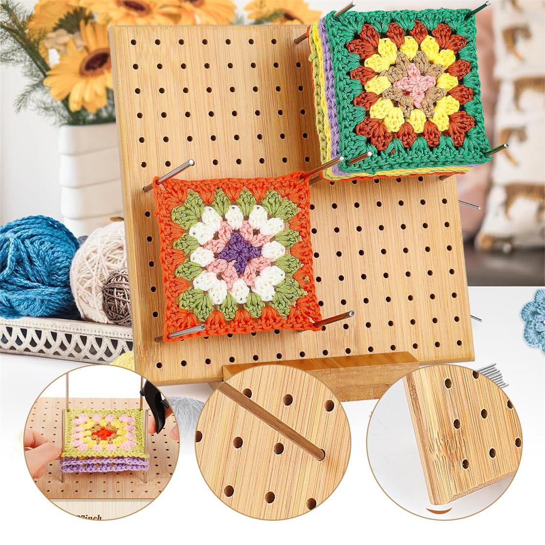 Crochet Blocking Board Handcrafted Knitting Blocking Mat with 20 Stainless Steel Rod Pins Bamboo Crocheting Accessories for Granny Squares Crocheters 7.87 Inches