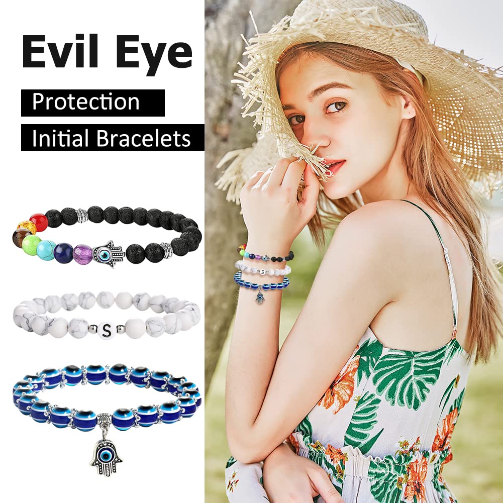 JUVJEW Initial Evil Eye Bracelets Chakra Crystal Bracelet Letter V Beads Lava Stone Bracelets Essential Oil Diffuser Hamsa Amulet Protective Jewelry (V)