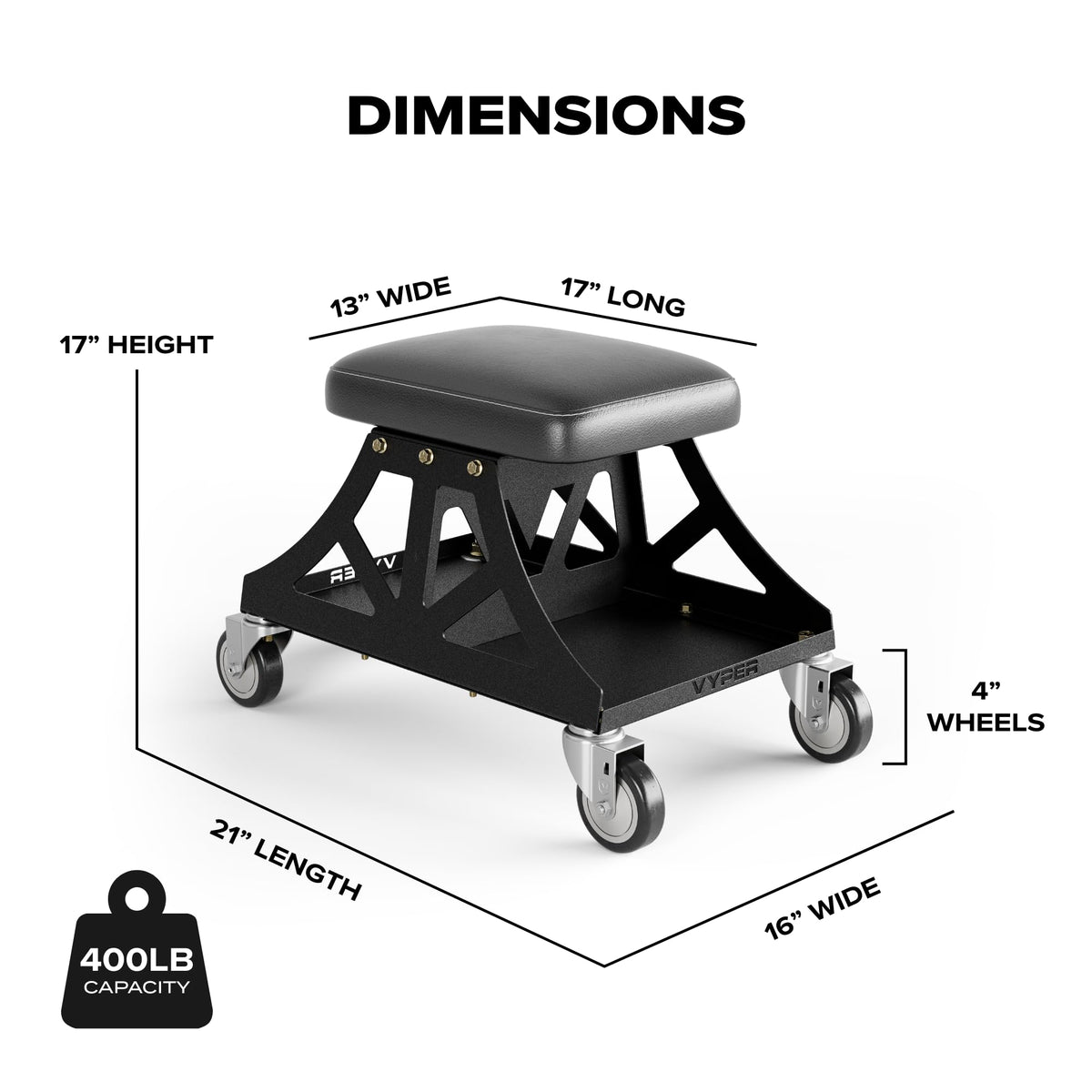Vyper Low Pro Garage Stool with Removable Seat for Mechanics, Automotive, DIY - 400 lb Capacity Rolling Shop Chair (Black Seat, Red Frame)