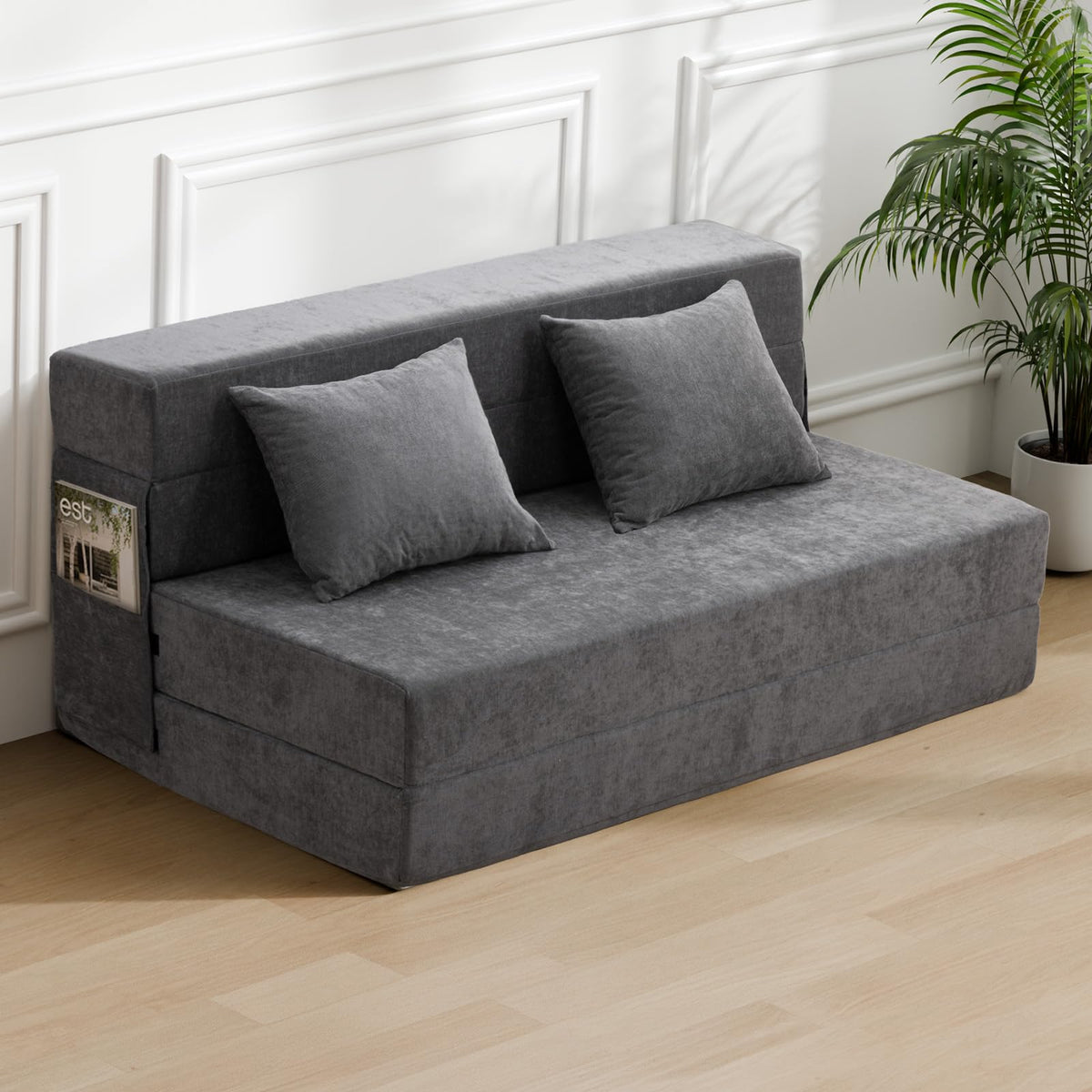 HOMFINE Folding Sofa Bed - Convertible Sleeper Chair with Pillow, Fold Out Couch, Memory Foam Floor Mattress, Futon Couch, Lazy Sofa for Living Room/Dorm/Guest Room/Home Office, Grey, Queen Size