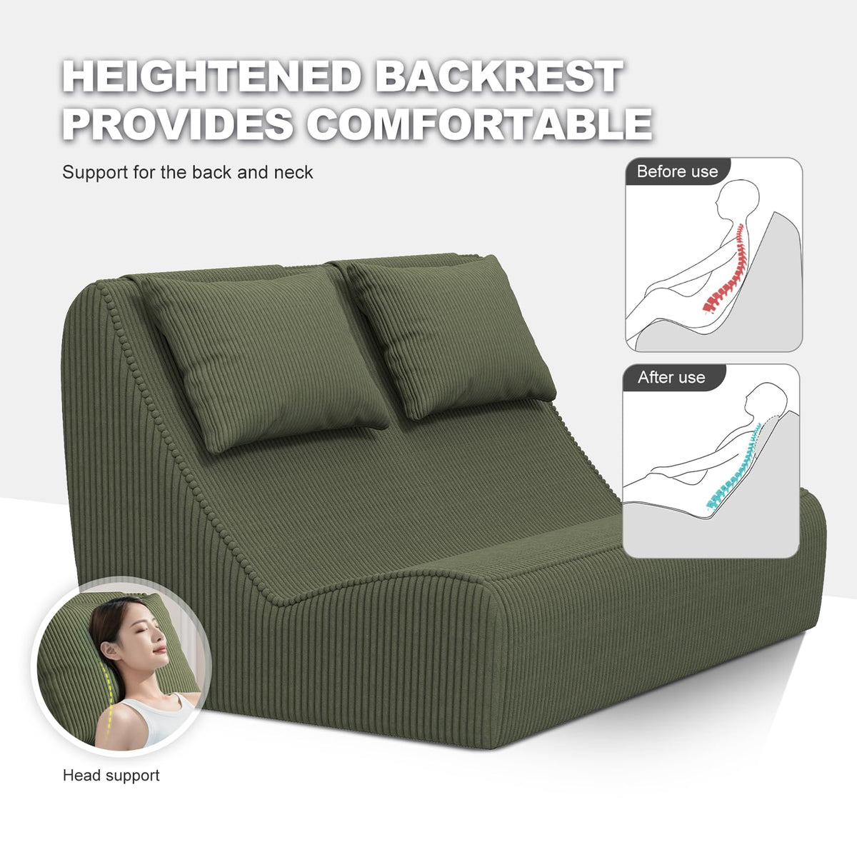 Giant Bean Bag Chair for Adults - Indoor Chaise Lounge with Pillows & Ottomans, Upholstered Loveseat Floor Sofa Chair for Reading, Gaming, Napping, and Movies (Olive Green)