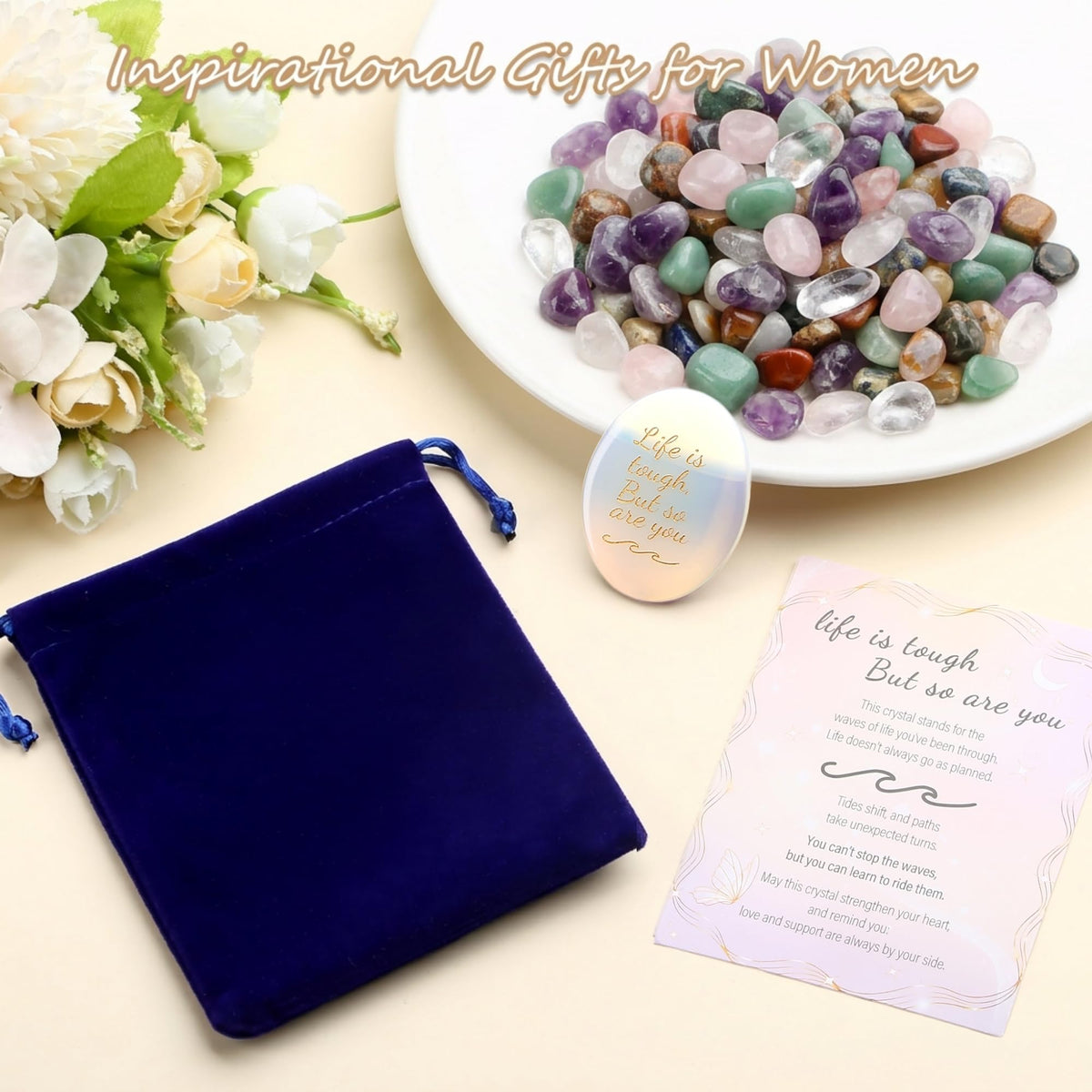 NUKAYAI Inspirational Gifts Worry Stone Opalite Crystal Crystals and Healing Stones Natural Meditation Accessories Gemstones Pocket Stress Relief Anxiety Relief Items Trinkets Gifts for Women Men