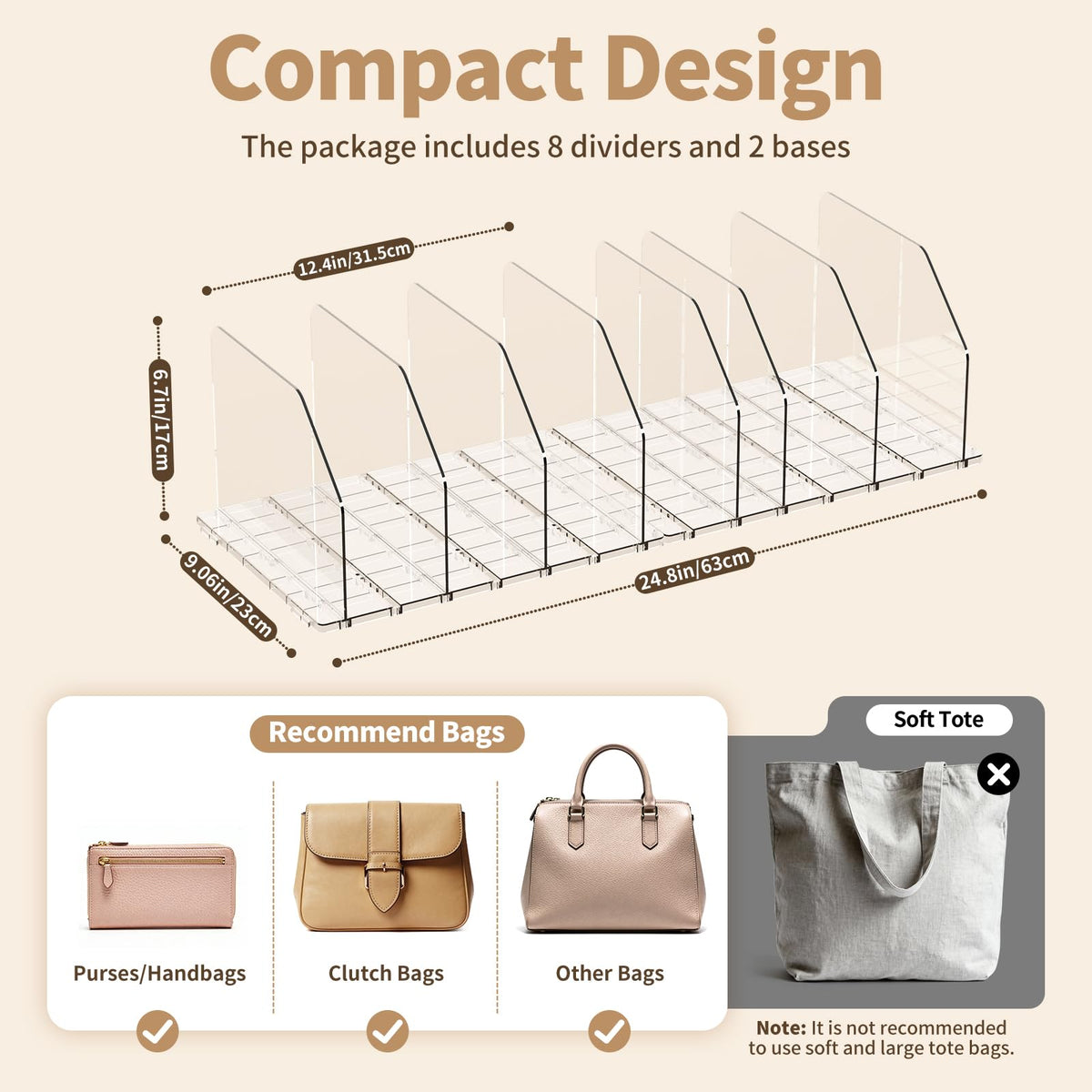 iStoreMaxy Purse Organizer for Closet, Shelf Divider Adjustable Clear Acrylic Handbag Storage, Bag Storage Separators, Keep Handbag & Books Neat and Upright in Bedroom, Office