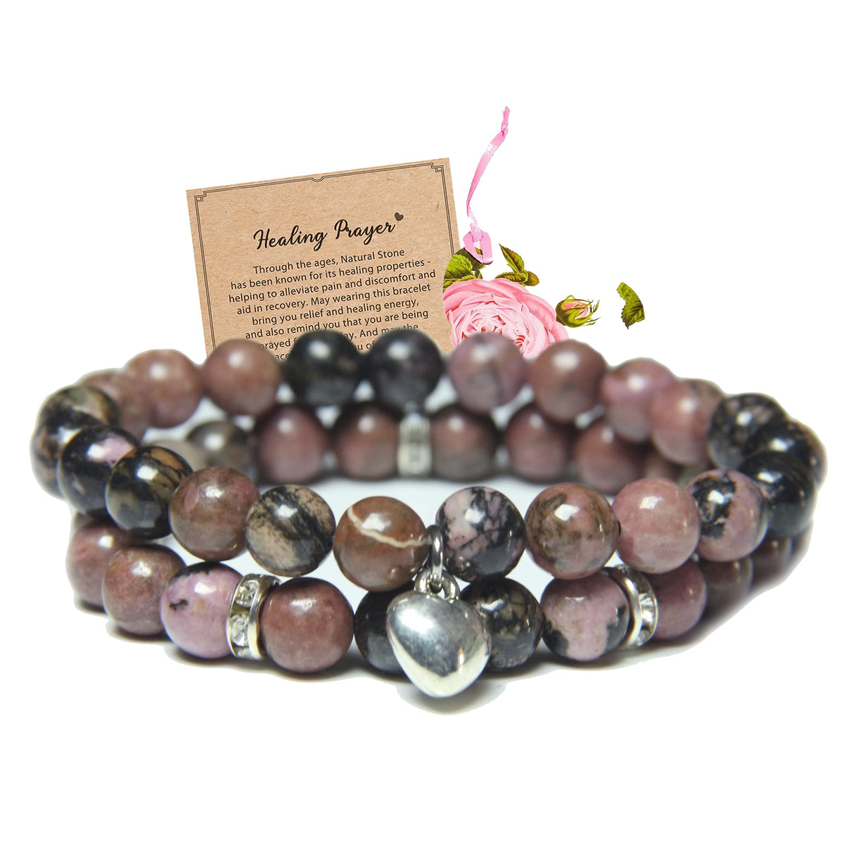 GDLKPYHS Healing Bracelets for Women - Rhodonite Bracelet - Healing Prayers Crystal Bracelet, 8mm Natural Stone Stress Relief Yoga Beads Get Well Soon Gifts
