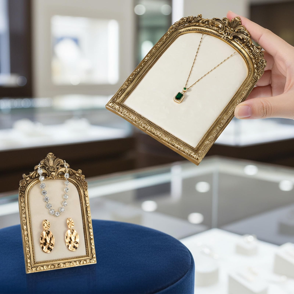 Meyeyaia 2pcs Gold Resin Jewelry Display Stand,Vintage Jewelry Holder Photo Frame Earring Holder,Velvet Necklace Tray Resin Jewelry Photography Props or Jewelry and Collectibles
