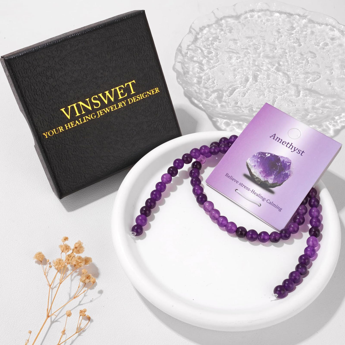 Vinswet 60pcs 6mm Amethyst Natural Stone Beads Round Genuine Real Stone Beading Loose Gemstones DIY Smooth Bead for Bracelet Necklace Earrings Jewelry Making