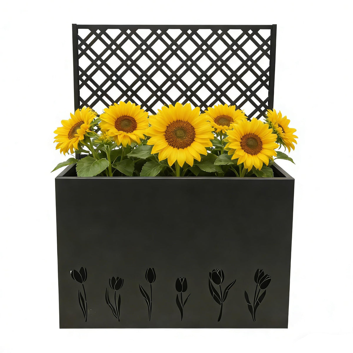 Amacv Tall Metal Planter Raised Garden Bed with Trellis 35.5in L x 11.9in W x 47.3in H - Large Flower Box Privacy Screen for Porch, Patio, Garden, Commercial Décor, Tulip Black