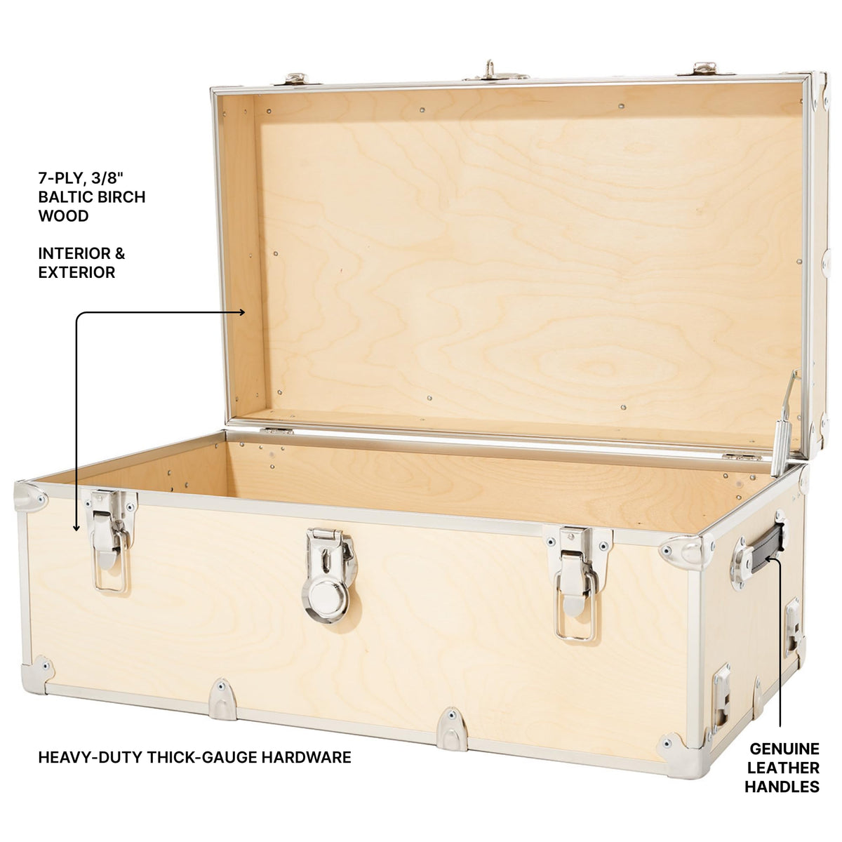 Rhino Trunk & Case Naked XL Trunk with Wheels - 34"x20"x15", 1500+ lbs Capacity, Soft-Close Lid. Strong, USA Made Summer Camp Footlocker, Secure College Dorm Chest, Natural Wood Home Storage Box