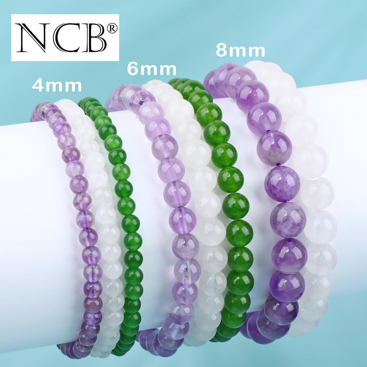 NCB 3-Piece 6mm Natural Crystal Gemstone Stretch Bracelets – ﻿Amethyst, Green Jade, White Jade Handmade Reiki Energy Healing Jewelry for Meditation,Yoga, Unisex