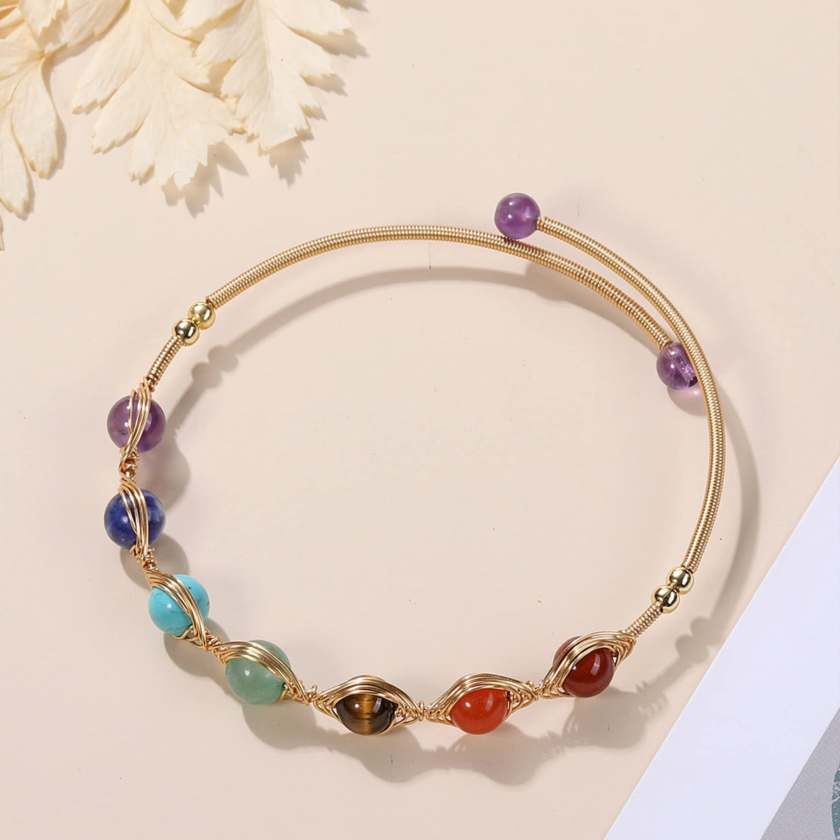 Top Plaza 7 Chakra Yoga Meditation Bracelet Healing Crystal Stone Bead Cuff Bracelets Adjustable 14K Gold Plated Bracelets for Women Ladies Birthday Gifts