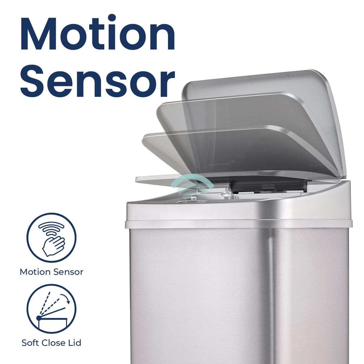 Ninestars 13 Gallon Automatic Trash Can, 50L Touchless Motion Sensor Garbage Can with Odor-Sealing Lid, Rectangular Stainless Steel, Silver Trim