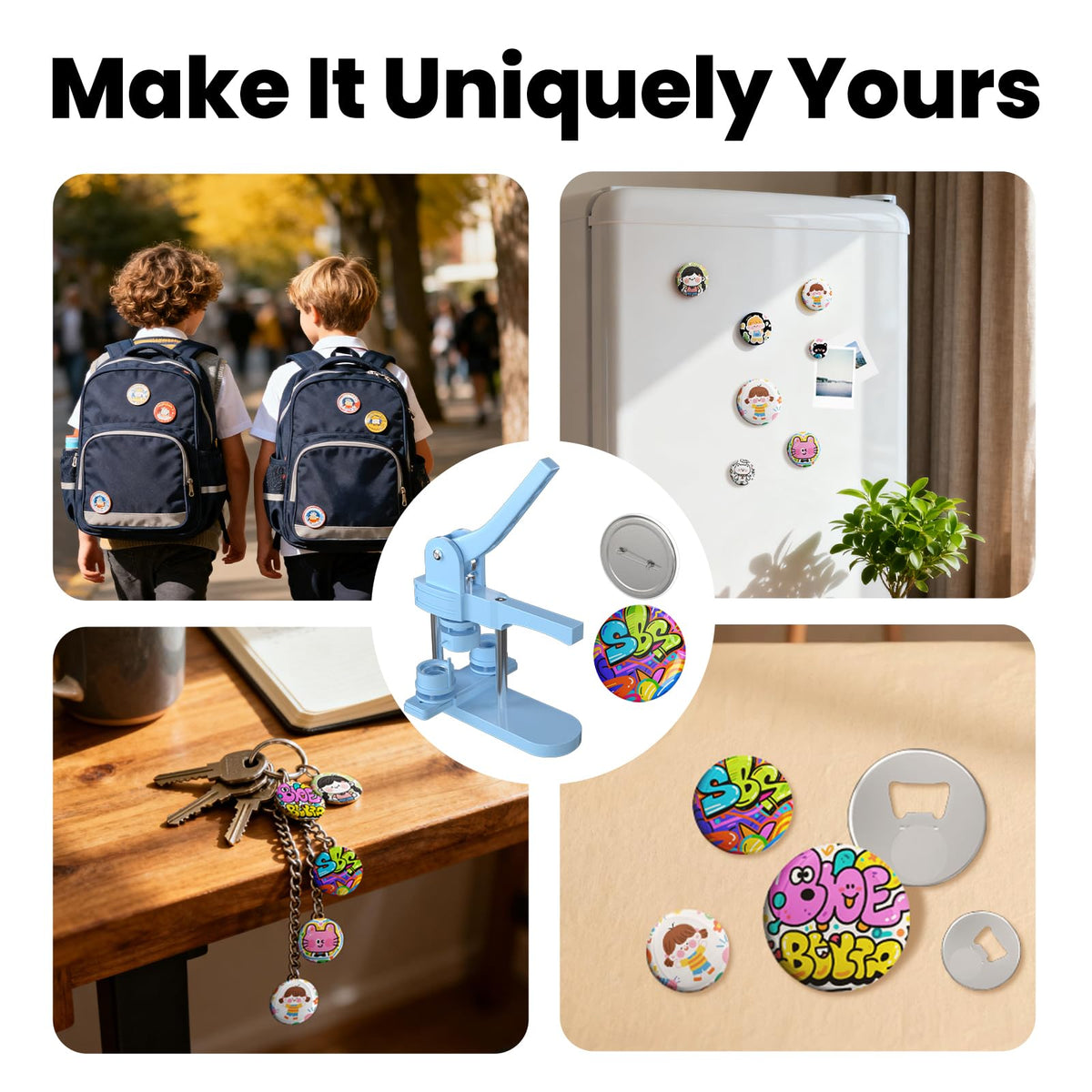 1+1.25+2.25 inch Multiple Sizes Button Maker Machine, 300 Buttons, 30 Fridge Magnets, 10 Bottle Openers, 10 Keyrings, 3 Circle Cutters, Button Badge Press Machine (Lightblue, 353 Pcs)
