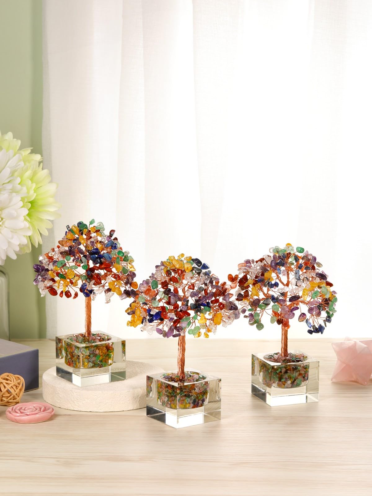 Jovivi Large Crystal Tree with Square Glass Base, 7 Chakra Healing Crystals Life Tree Natural Chipped Gemstone Money Trees Feng Shui Good Luck Positive Energy Home Desk Decor