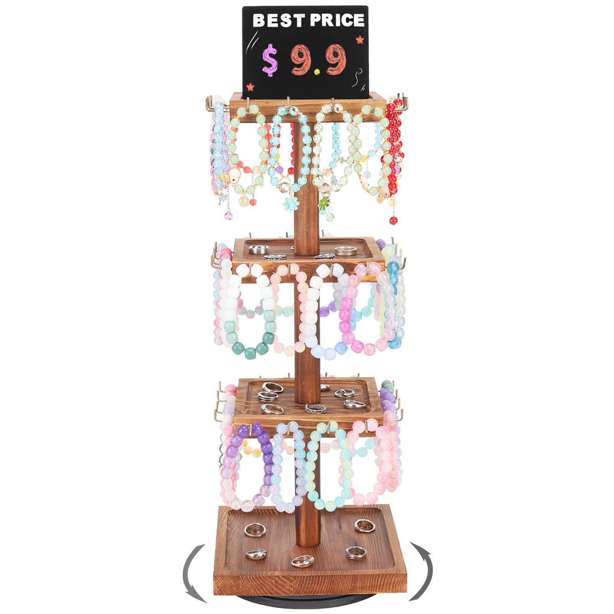 BDBDYEAY Bracelet Holder, 360° Rotating Jewelry Holder Organzier with Tray, Wooden Jewelry Tower with 48 Hooks, 4-Tier Large Capacity Jewelry Display Stand for Vendors Sell Bracelet Keychain Earring