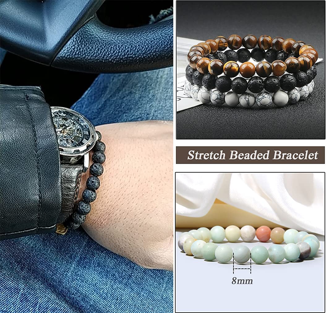 Jewdreamer 12Pcs Natural Stone Beaded Bracelets for Women Men Semi-Precious Gemstones Bracelets Crystal Beaded Bracelet Unisex Adjustable Stretch Bracelets 8MM