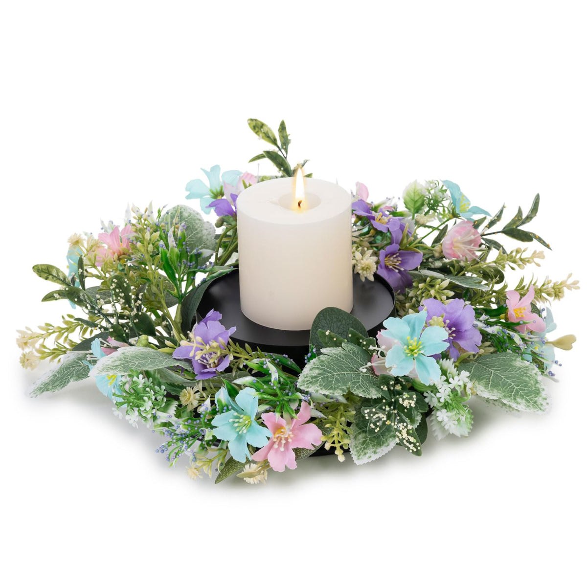 MOYEE Summer Candle Holder Centerpieces for Tables,Candle Ring, Black Metal Candlestick with an Artificial Wreath 14 in Versatile Dining Table Centrepiece (Blue and Purple Flower Wreath)