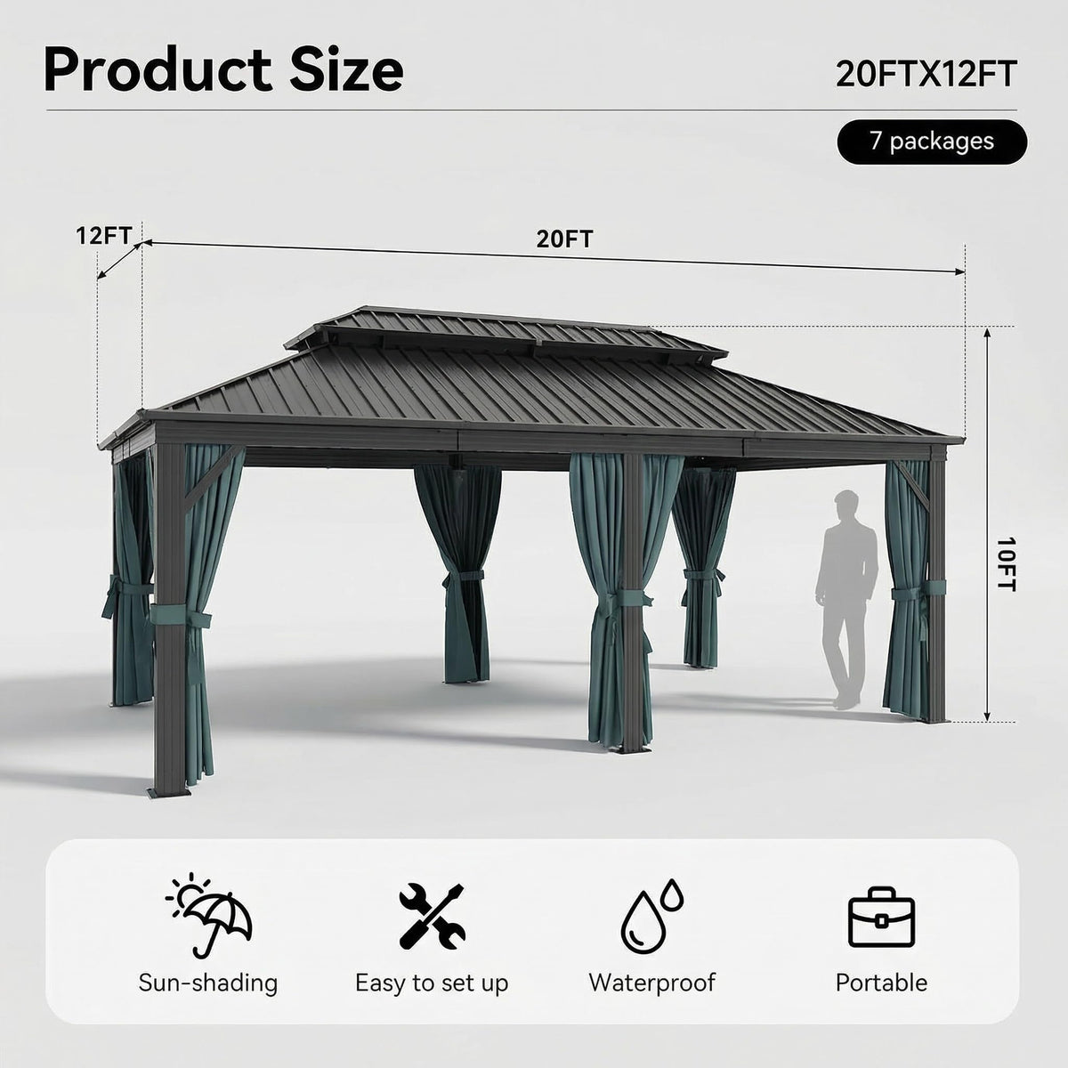 HOTEEL Gazebo 12x20 on Clearance with Metal Roof, Heavy Duty Hardtop Gazebo with Flame-Retardant Curtain & Netting, Outdoor Gazebos with Galvanized Steel Double Roof for Party,Patio Black