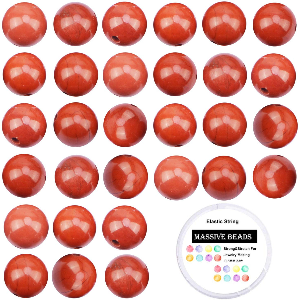 80Pcs Natural Crystal Beads Stone Gemstone Round Loose Energy Healing Beads with Free Crystal Stretch Cord for Jewelry Making (Red Jasper, 10mm)