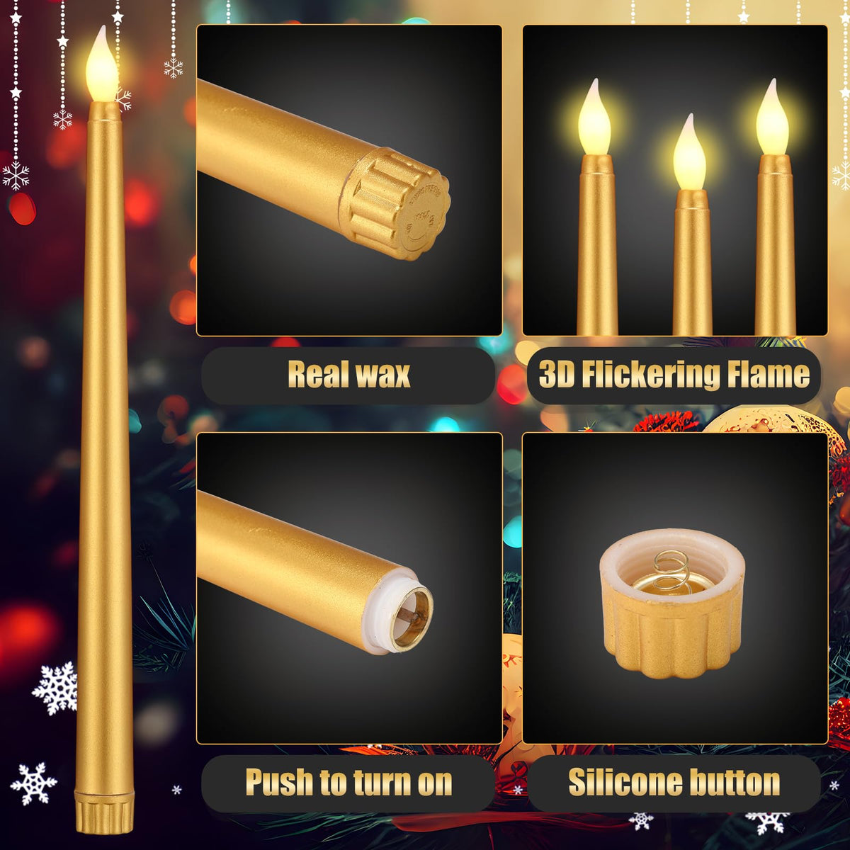 Baquler 120 Pcs Flameless Taper Candles with Remote and Timer 11" Battery Operated Candlesticks LED Flickering Faux Candles Warm Light for Wedding Holiday Party Home Decor (Gold)