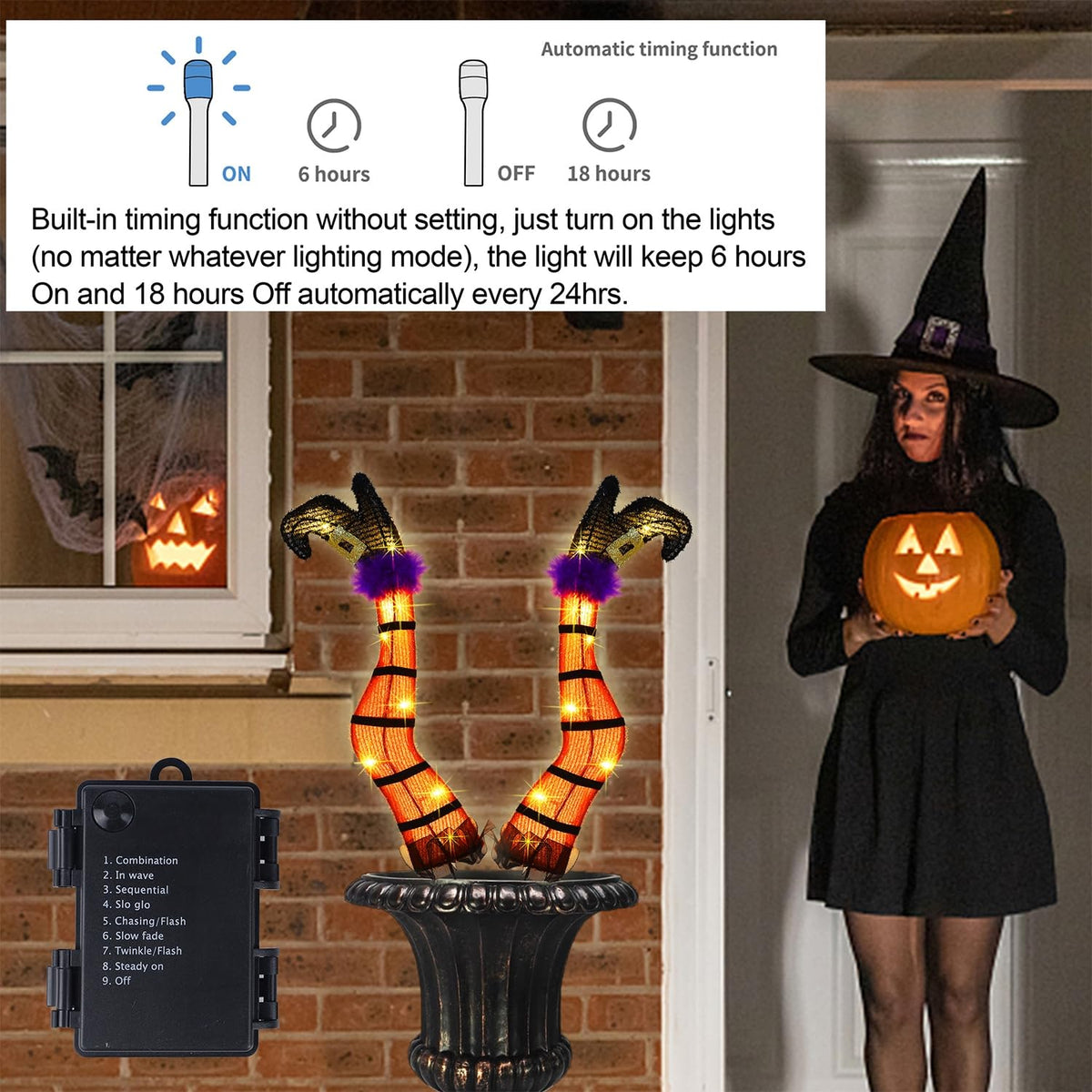 Juegoal Set of 2 Halloween Lighted Wicked Orange Witch Legs with Stakes, 22" Light Up Tinsel Halloween Yard Sign Prop Timer & 8 Modes, Battery Operated for Outdoor Party Haunted House Garden Decor