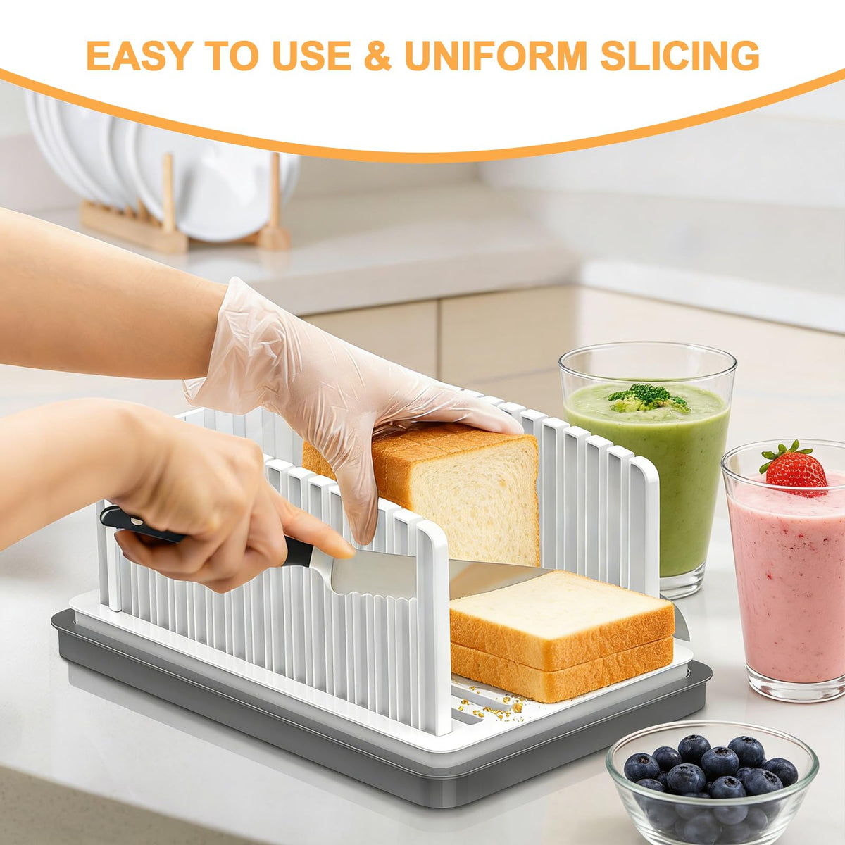 Kiss Core New Upgrade Bread Slicer for Homemade Bread, Bread Slicing Guide Adjustable Width, Foldable and Compact Cutting Guide with Crumb Tray, Suitability for Homemade Bread, Bagels, Cakes