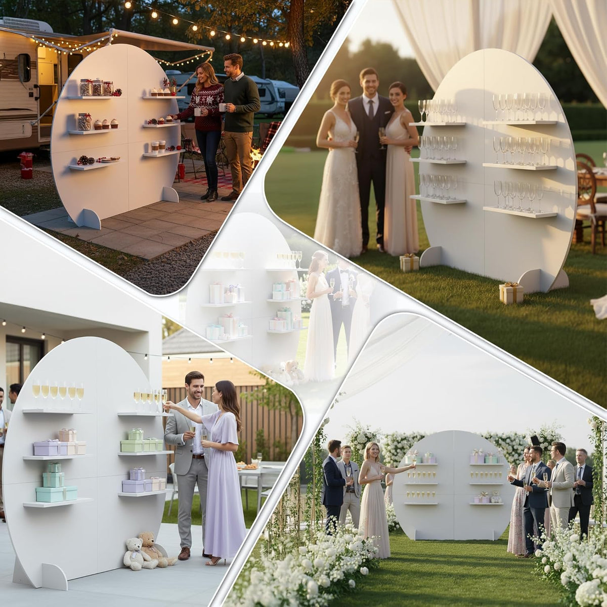 6.56FT Wooden Wedding Gift Display Arch, 6-Tier Champagne Wall Backdrop with Shelves for Party Favors, Escort Cards, Cupcakes & Desserts, Reusable Display Stand for Wedding Reception, Ceremony, Bridal Shower