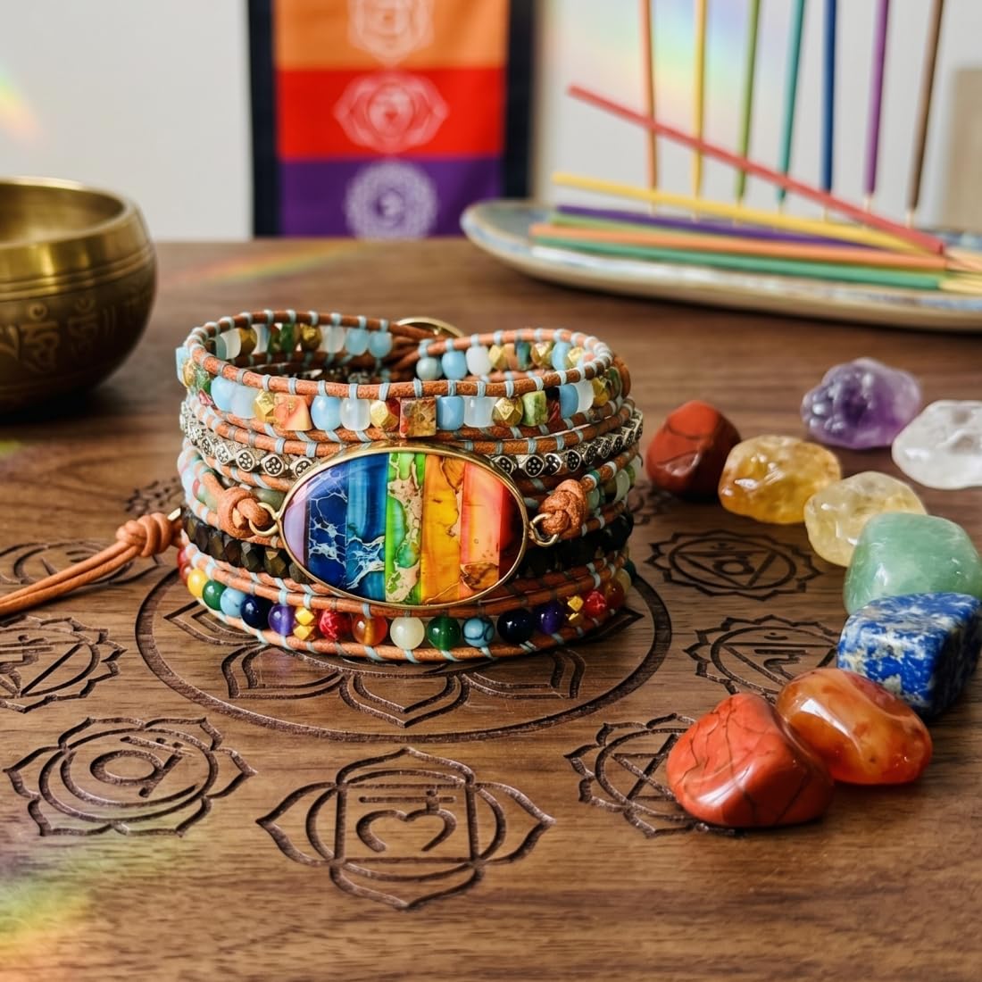 YGLINE Leather Handmade Chakra Stone Crystal Bead Wrap Bracelets Collection (Chakra 3)