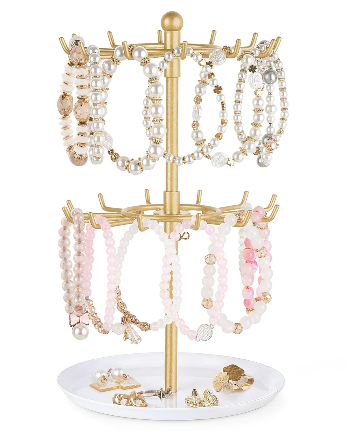 Mkono Bracelet Holder Gold Metal Rotating Bracelet Display Stand 2 Tier Jewelry Organizer with 24 Hooks and Wood Tray Adjustable Tree Stand Tower Rack for Storage Selling KeyChain Bangle Accessories