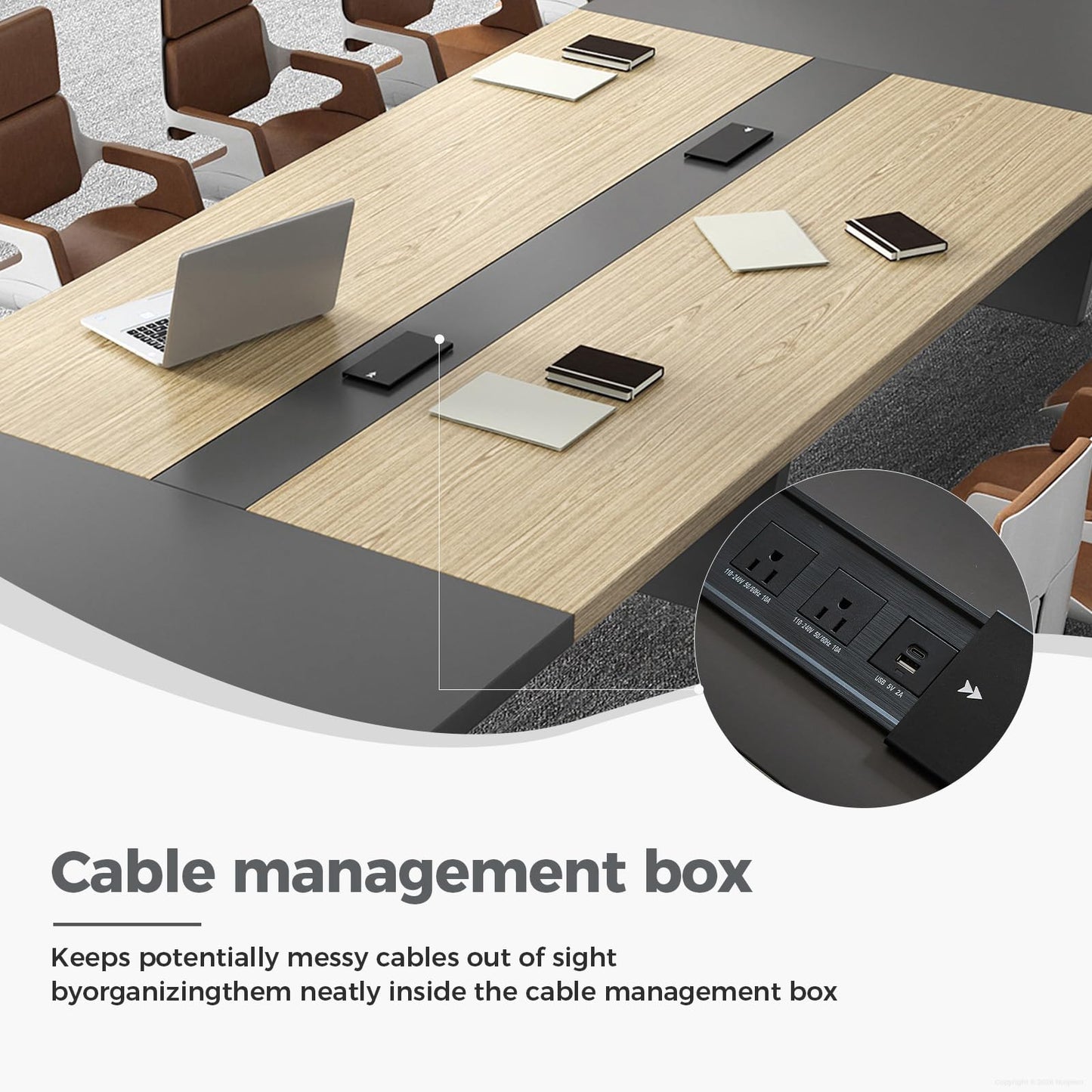 Nuipesn 95" Rectangular Conference Table, Seats 8-10, Built-in Power Outlets & USB Charging Ports, Cable Management, 2-Inch Thick Top, Oak/Grey