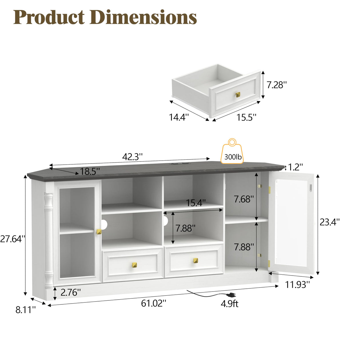 Corner TV Stand for 55 60 65 Inch TVs, Farmhouse Entertainment Center with 2 Storage Drawers and 2 Display Cabinet & Power Outlet and LED Lights, Wood TV Console Table for Living Room, Bedroom, White