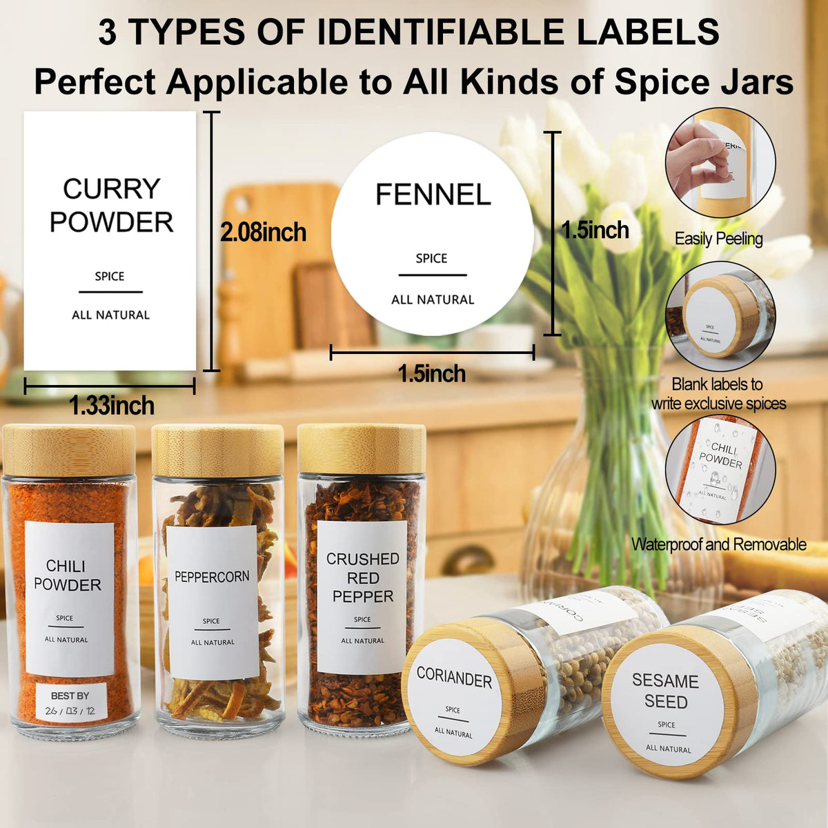 AISIPRIN Glass Spice Jars with 398 Labels-4oz 24 Pcs,Round Seasoning Jars with Bamboo Airtight Lids,Spice Container Set -Shaker Lids, Funnel,Brush and Marker Included