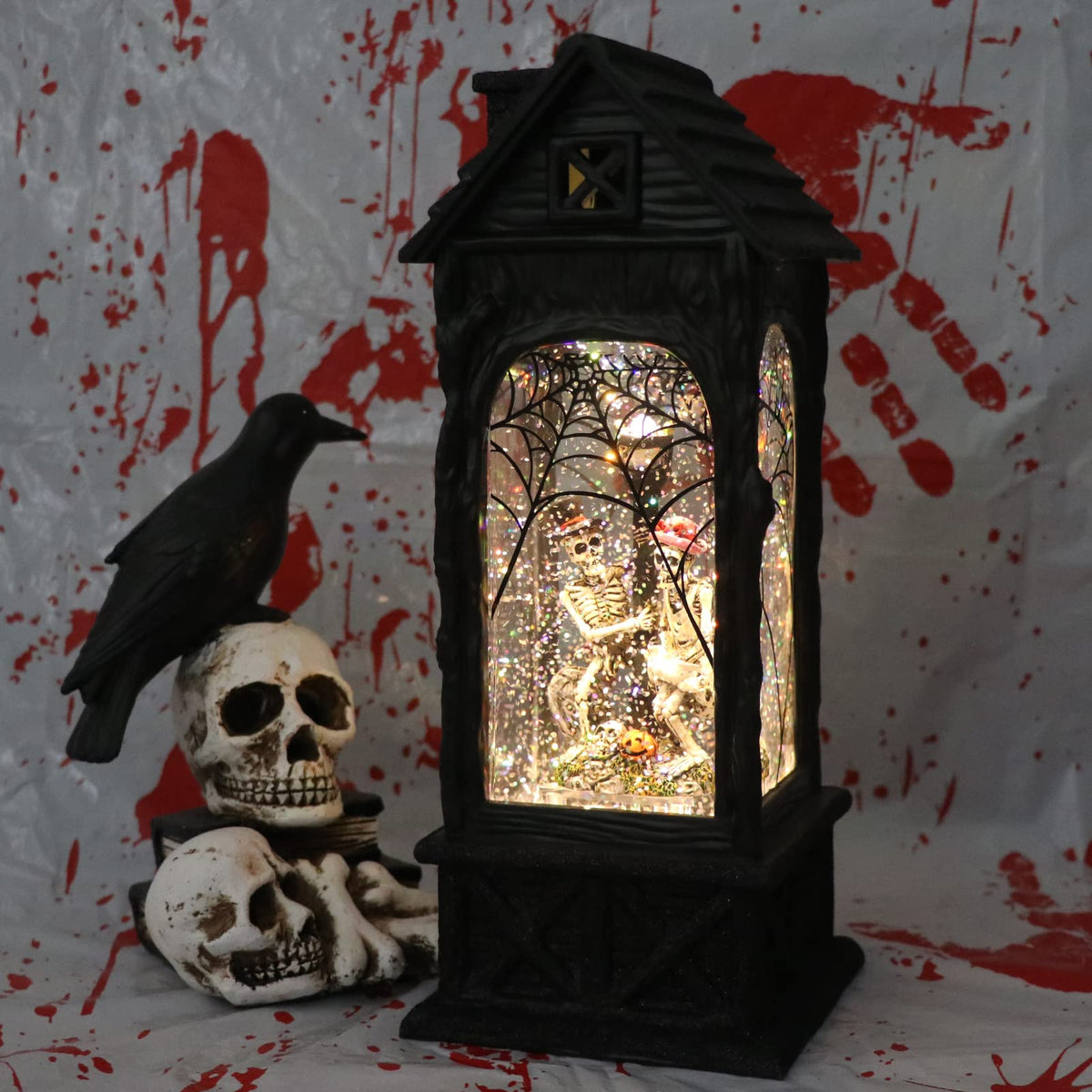 DRomance Halloween Snow Globe Projection Lantern with 6 Hour Timer, 3 AA Batteries Operated & USB Powered Skeleton Lighted Water Lantern Glittering Halloween Decor Gift, 10.7 Inch Tall