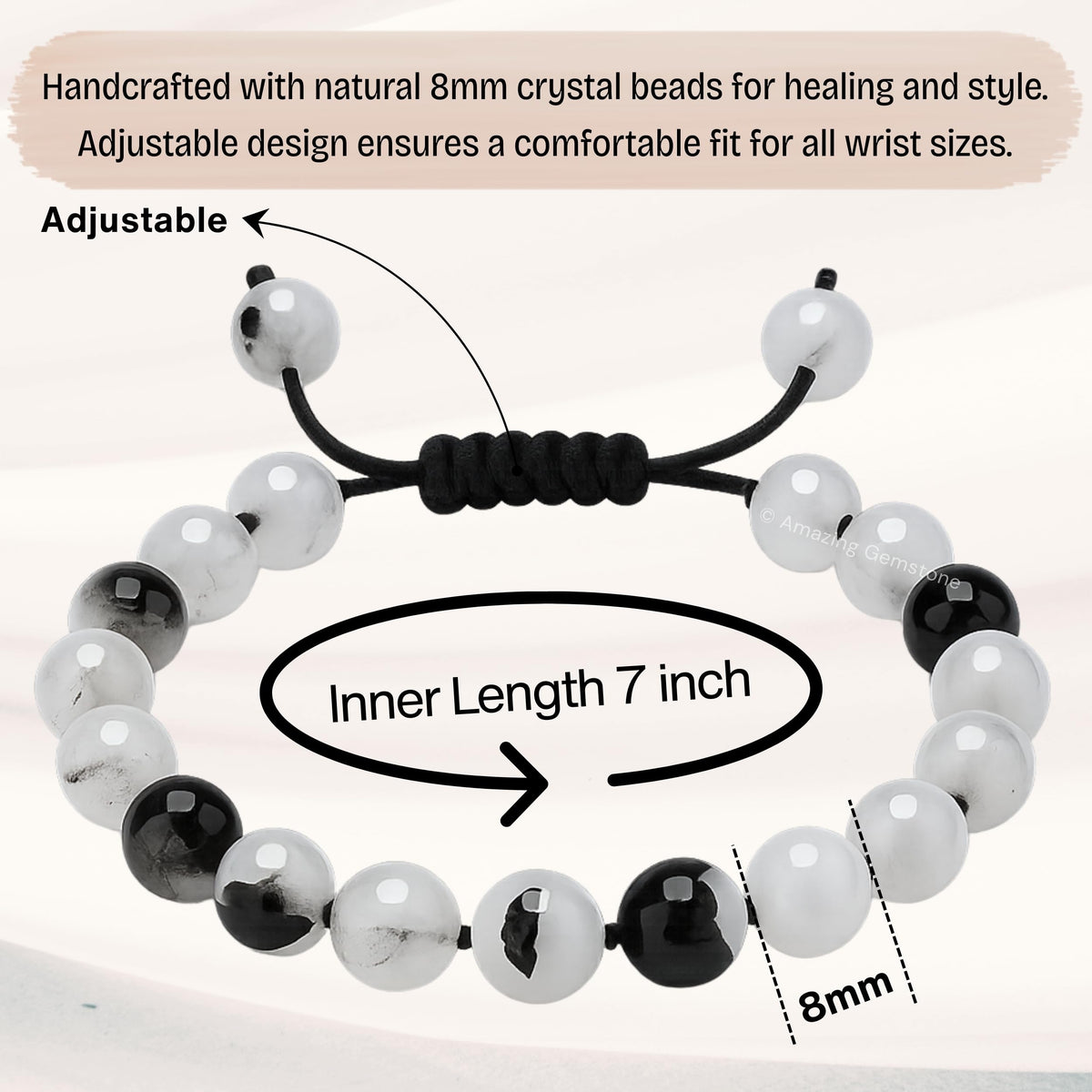 Amazing Gemstone Black Rutilated Quartz Bracelet for Women Men's Gifts - Protection Healing Crystal Bracelet - 8mm Gemstone Beaded Adjustable Bracelet Pulseras Para Hombres Mujer Stocking Stuffers