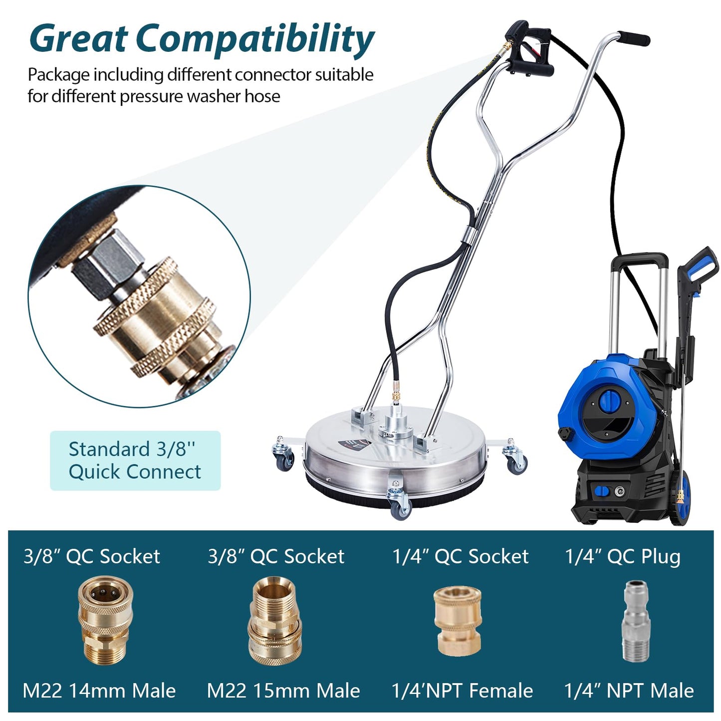 Takywep Heavy Duty Stainless Steel Pressure Washer Surface Cleaner – Dual Handle, 4 Wheels, 2 Nozzles, 3/8" Quick Connect, 4000 PSI – for Driveways, Patios, Decks, Sidewalks – Disc Diameter 24"