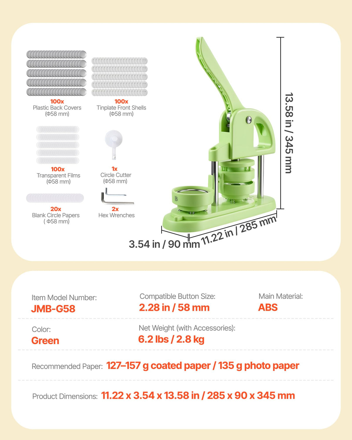 VEVOR Button Maker Machine, 58mm/2.25in Plastic Pin Maker with 100pcs Button Parts, Circle Cutter and Hex Wrenches, Reinforced Ergonomic Handle, for DIY Badges, Personalized Pins and Key Chains, Green