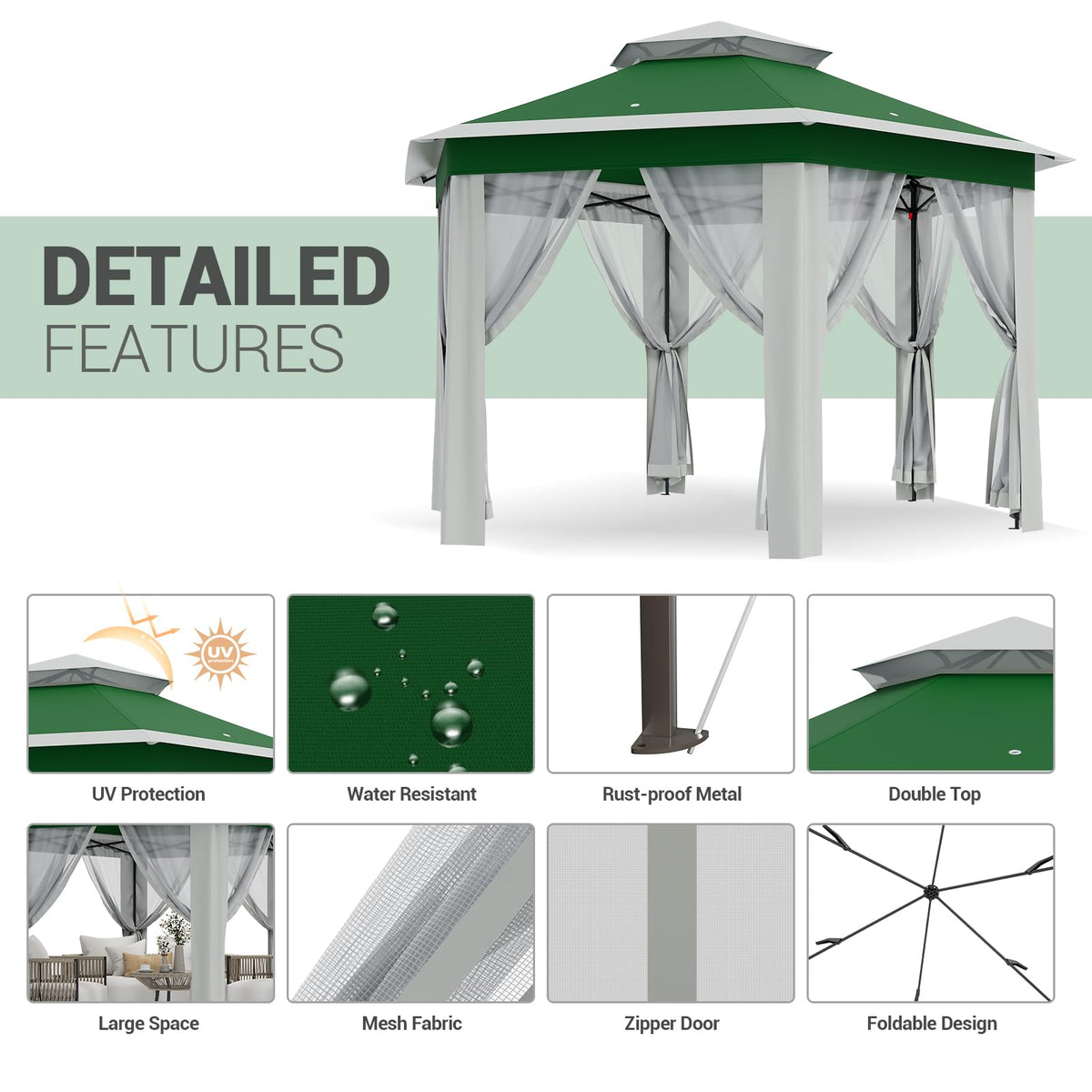 Patikuin Hexagonal Pop-Up Gazebo Tent 13x13 FT – Double Vent Roof, Mosquito Netting, UV & Water Resistant, Adjustable Height, Portable Canopy with Carry Bag for Patio, Backyard, Lawn Parties – Green