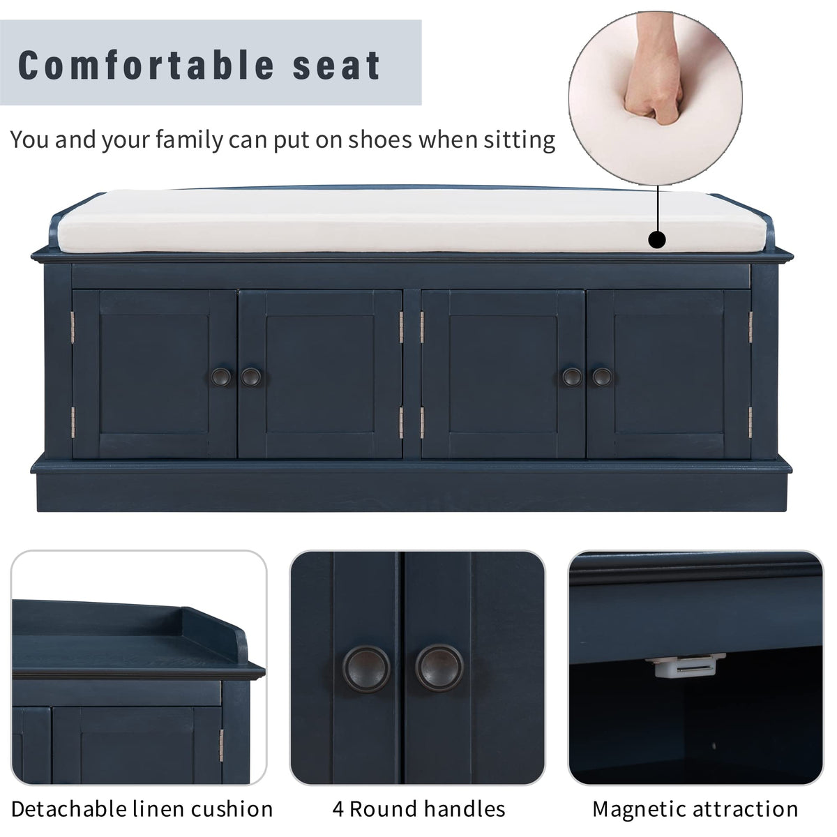 Merax Farmhouse Solid Wood Storage Bench with 4 Doors and Seat Cushion Shoe Cabinets for Entryway Hallway Front Door Antique Navy