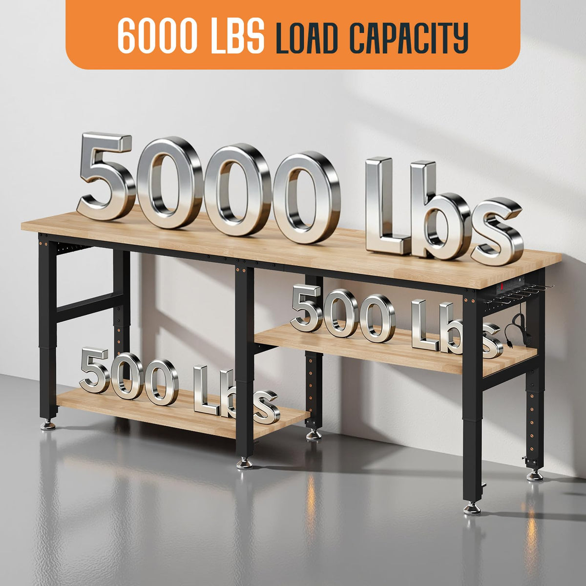 SPECRAFT 84"x24" 2-Tier Adjustable Workbench with 4 AC Outlet and 2 USB Ports Power Outlets, 6000 Lbs Capacity Heavy Duty Workbench, Rubber Wood Top for Garage, Workshop, Office
